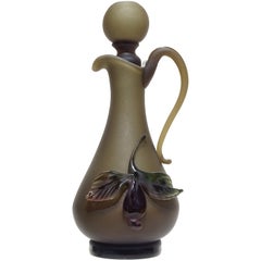 Murano Dark Green Applied Flower Satin Surface Italian Art Glass Ewer Cruet