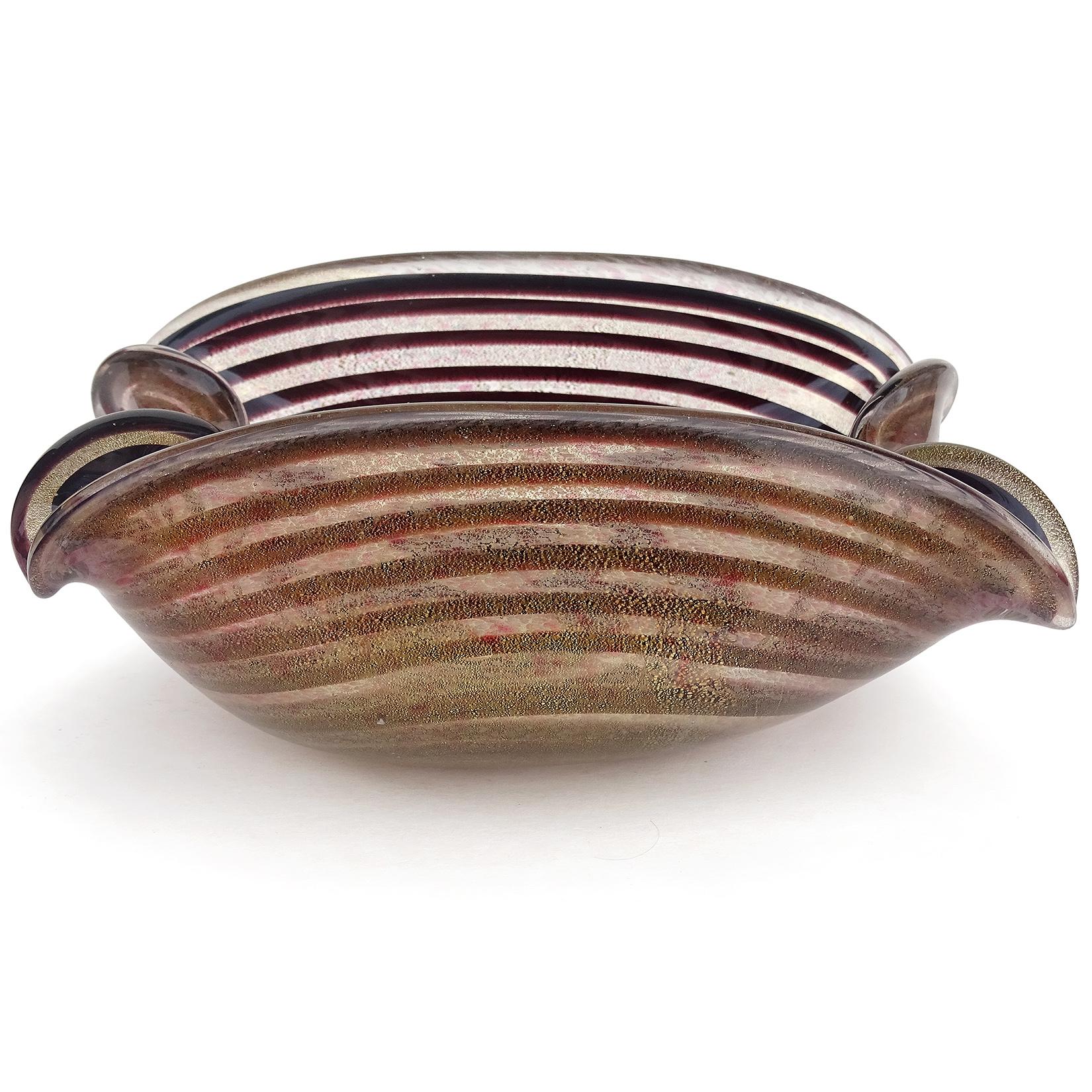 Hand-Crafted Murano Dark Purple Optic Swirl Gold Flecks Italian Art Glass Bowl Dish Ashtray