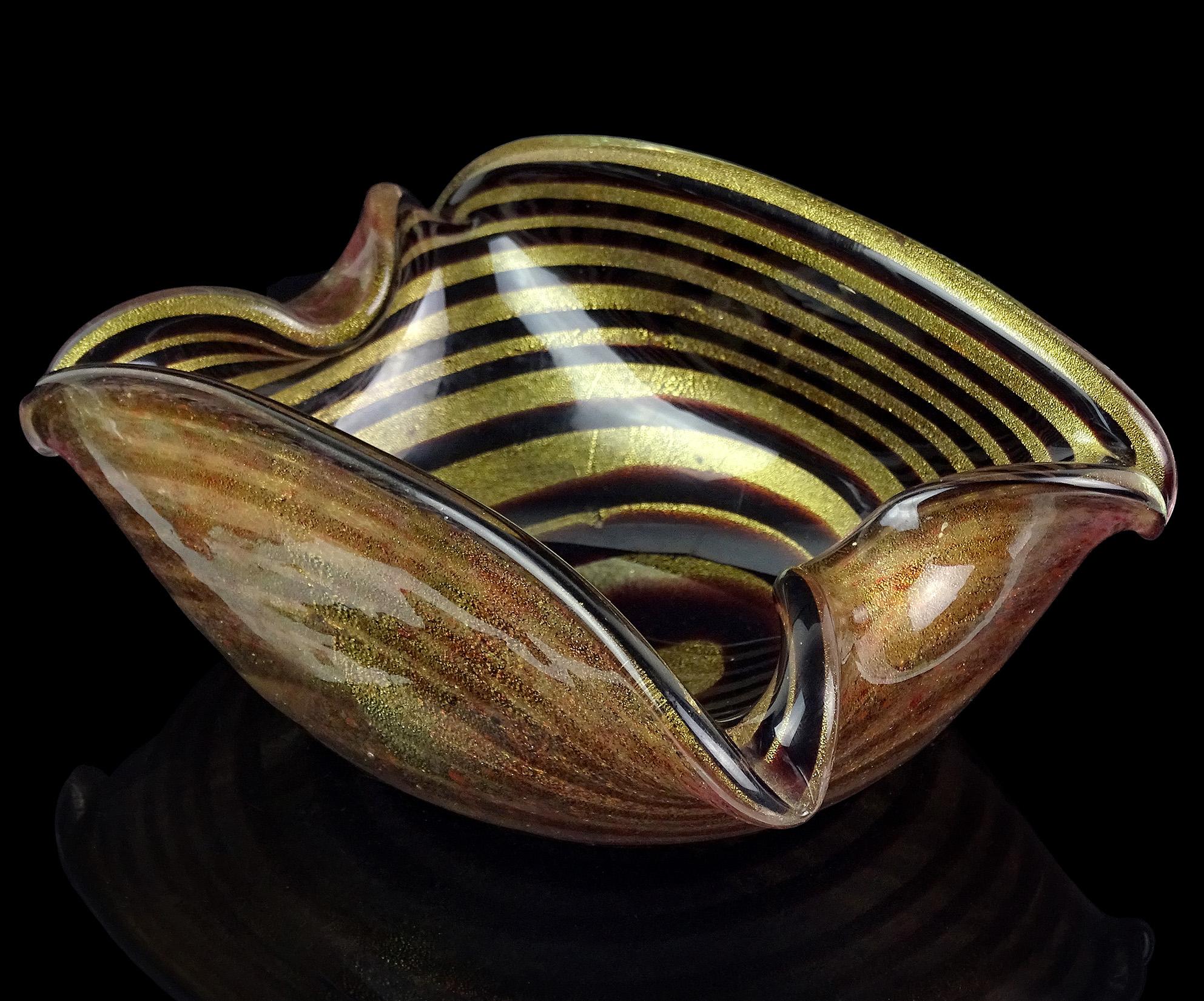 20th Century Murano Dark Purple Optic Swirl Gold Flecks Italian Art Glass Bowl Dish Ashtray