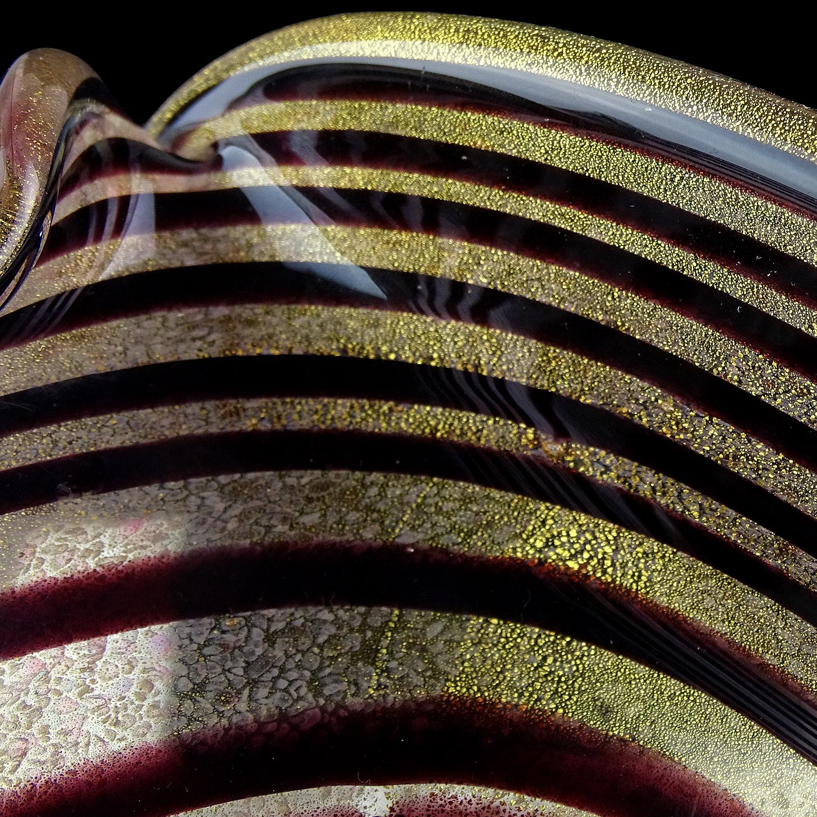 Murano Dark Purple Optic Swirl Gold Flecks Italian Art Glass Bowl Dish Ashtray 1
