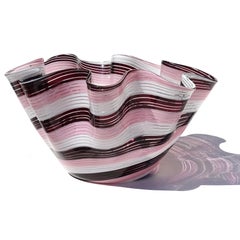 Murano Dark Purple Pink White Swirling Ribbons Italian Art Glass Fazzoletto Vase