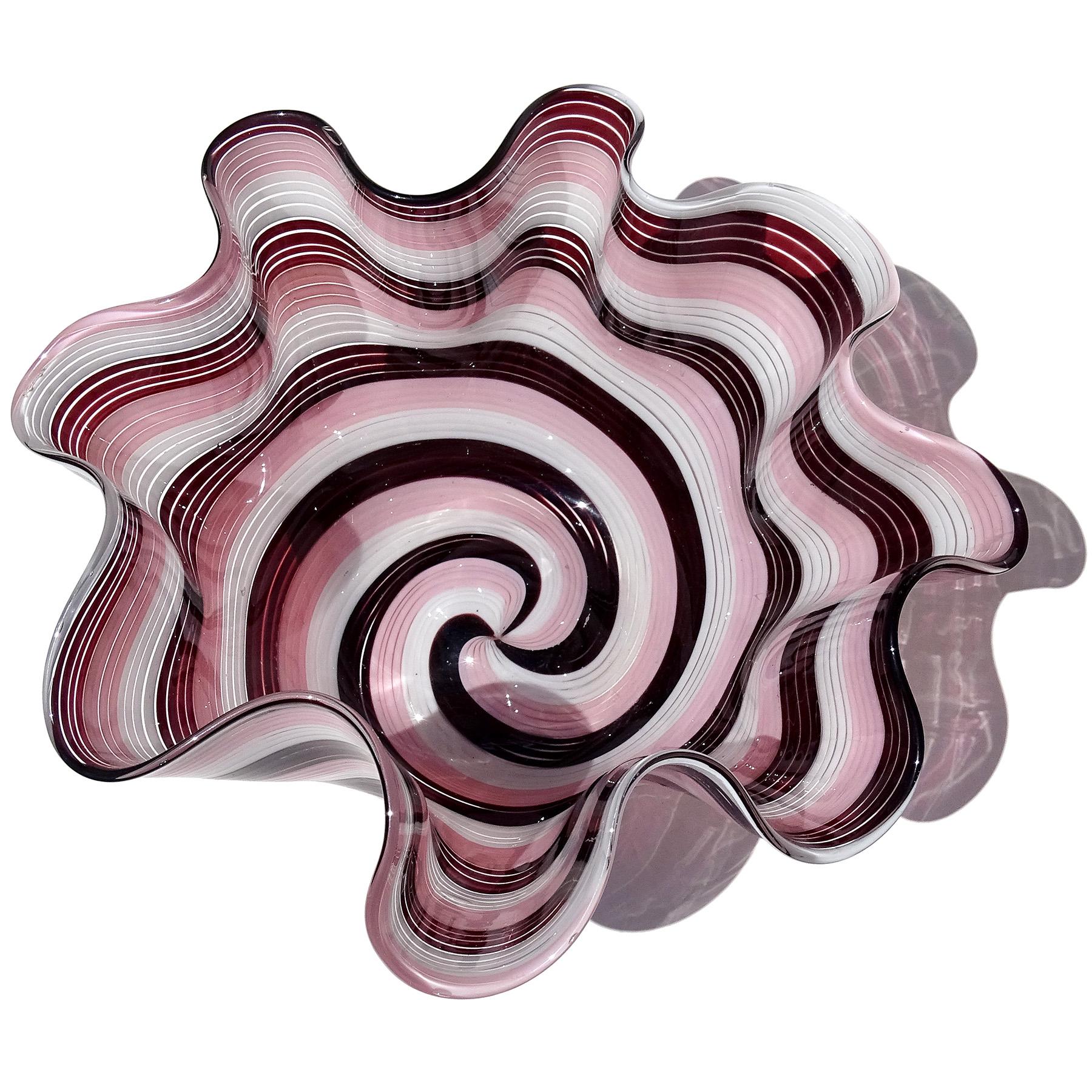 Mid-Century Modern Murano Dark Purple Pink White Swirling Ribbons Italian Art Glass Fazzoletto Vase For Sale