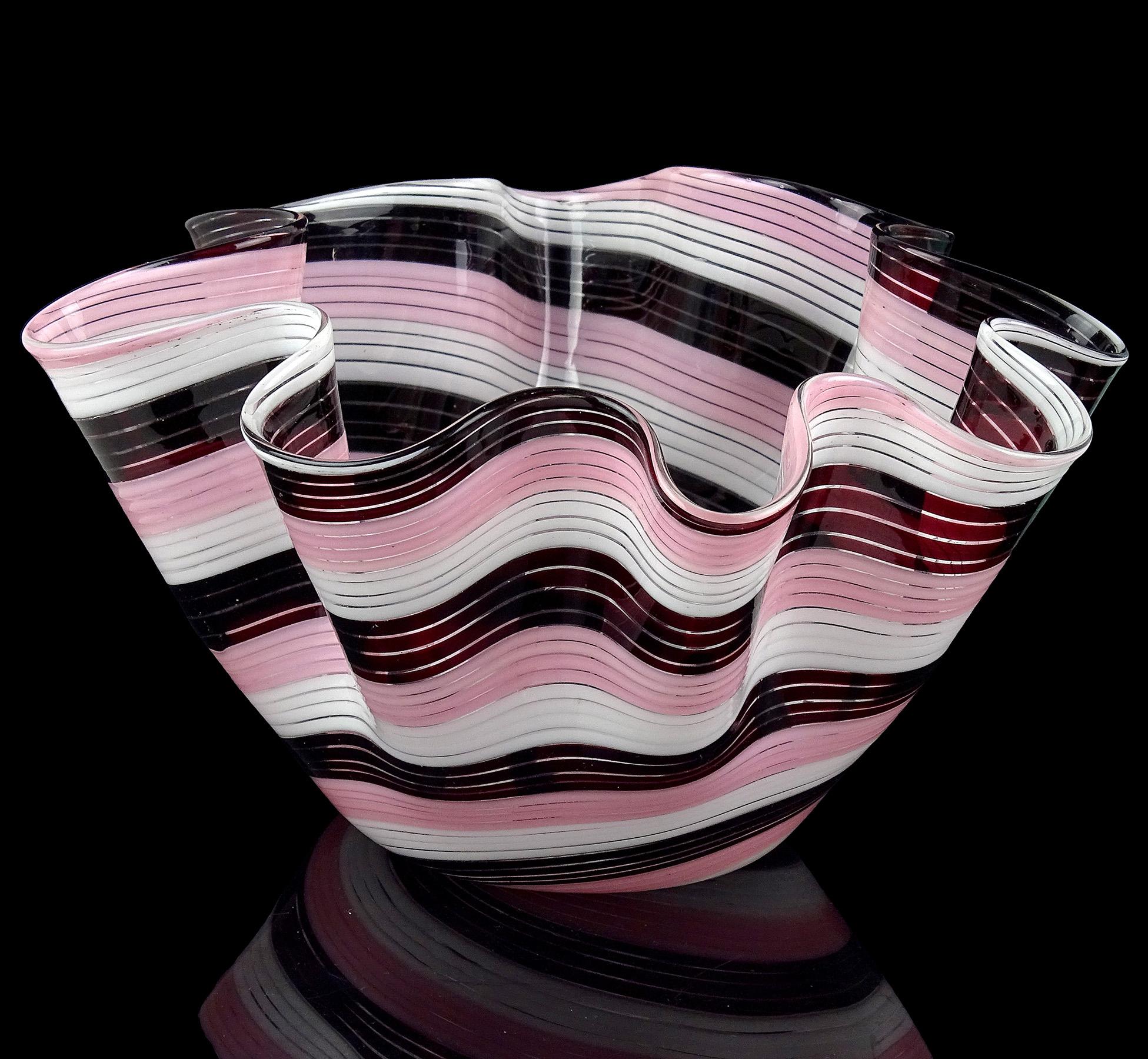 Hand-Crafted Murano Dark Purple Pink White Swirling Ribbons Italian Art Glass Fazzoletto Vase For Sale