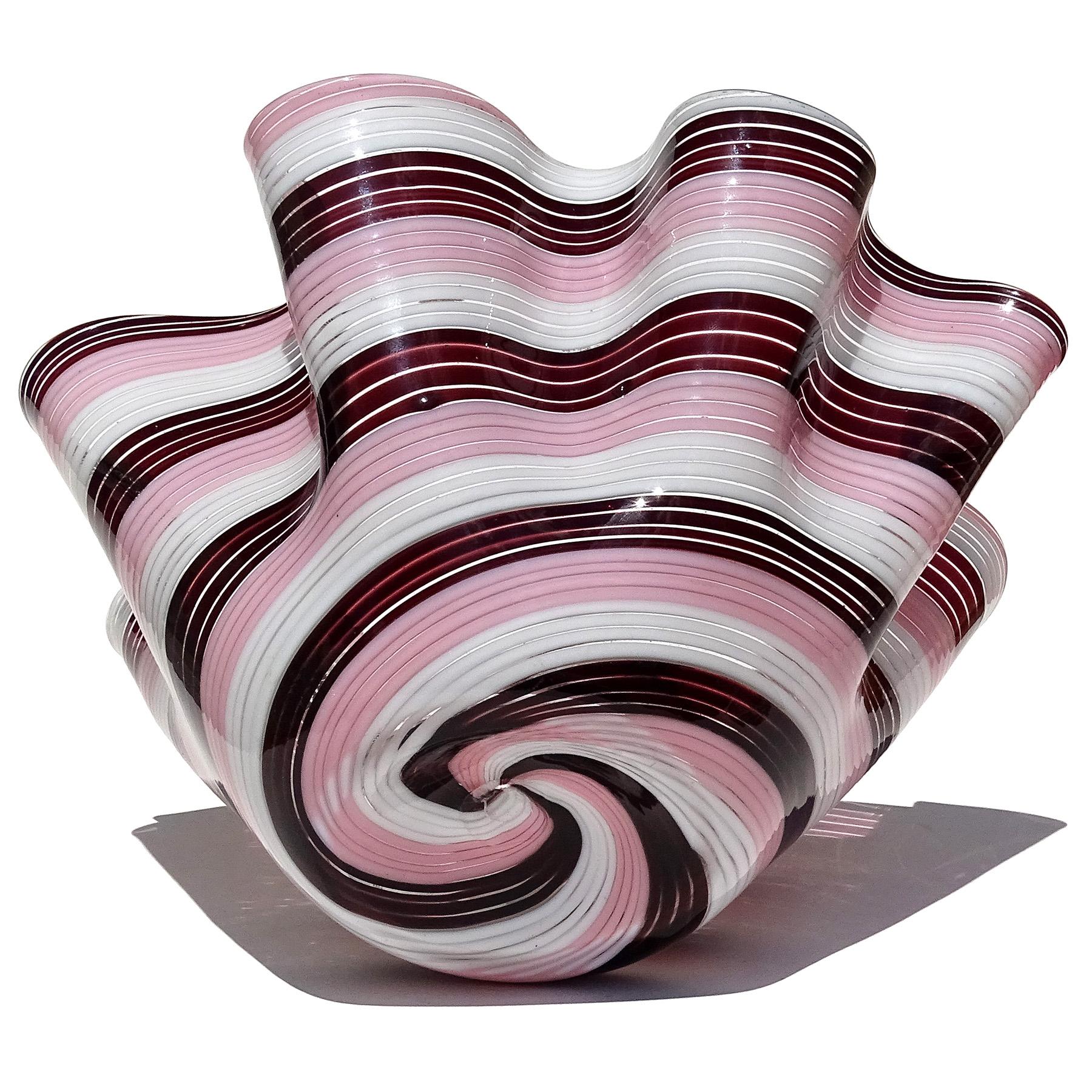 Murano Dark Purple Pink White Swirling Ribbons Italian Art Glass Fazzoletto Vase In Good Condition For Sale In Kissimmee, FL
