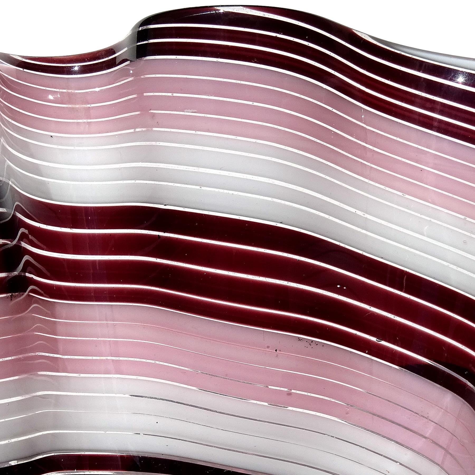 20th Century Murano Dark Purple Pink White Swirling Ribbons Italian Art Glass Fazzoletto Vase For Sale