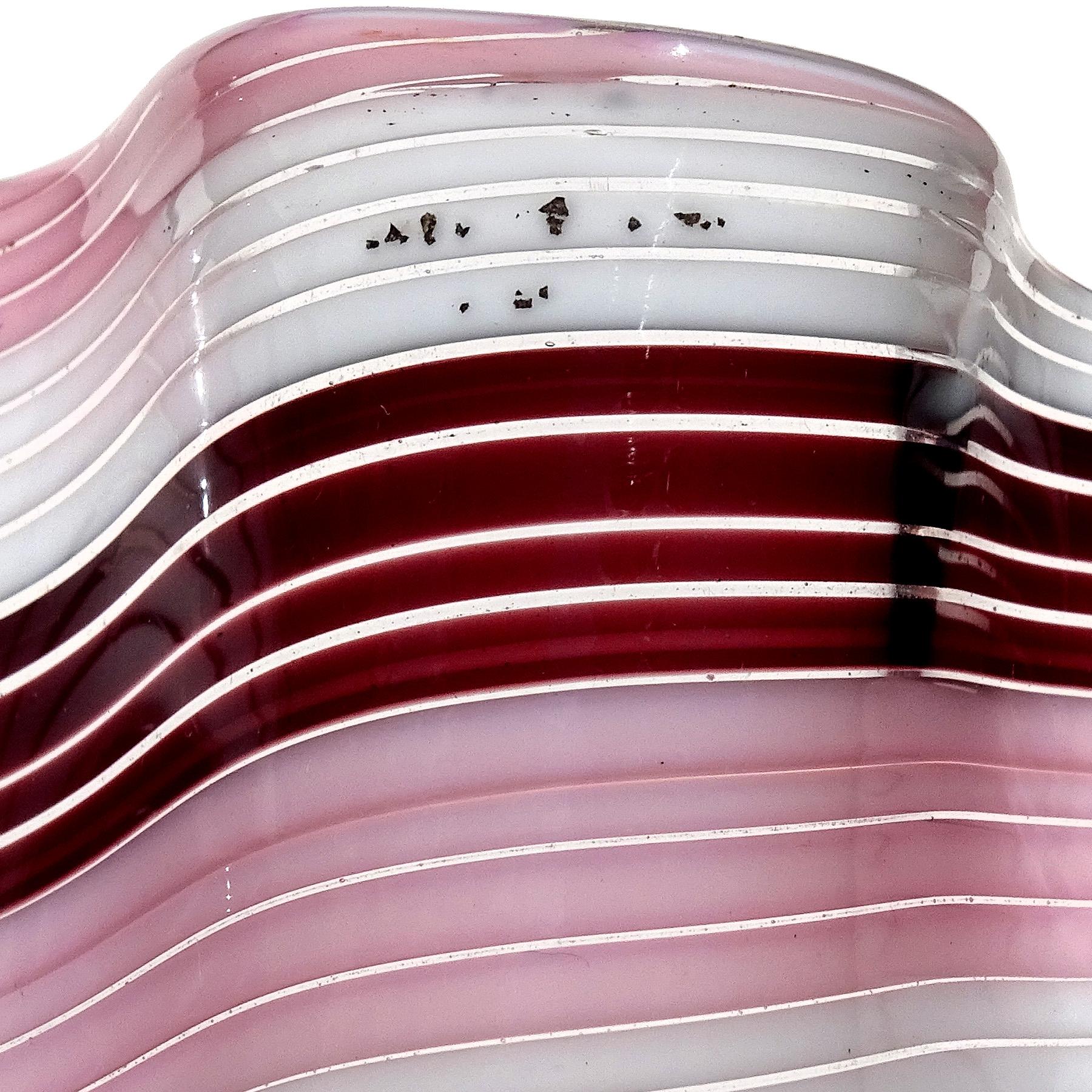 Murano Dark Purple Pink White Swirling Ribbons Italian Art Glass Fazzoletto Vase For Sale 1