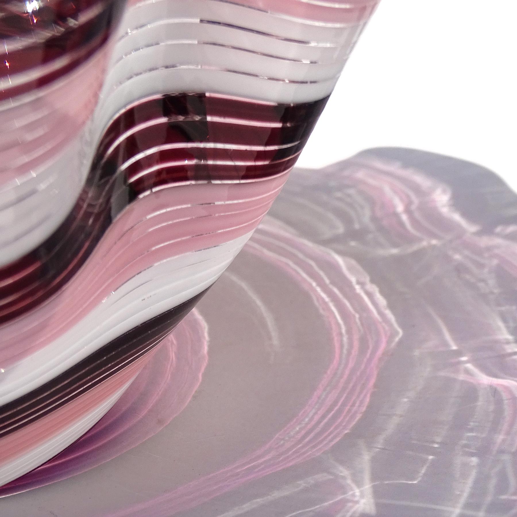 Murano Dark Purple Pink White Swirling Ribbons Italian Art Glass Fazzoletto Vase For Sale 2