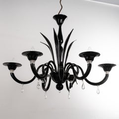 Murano Deco Black glass chandelier 6 lights, Vintage Made in Italy in stock