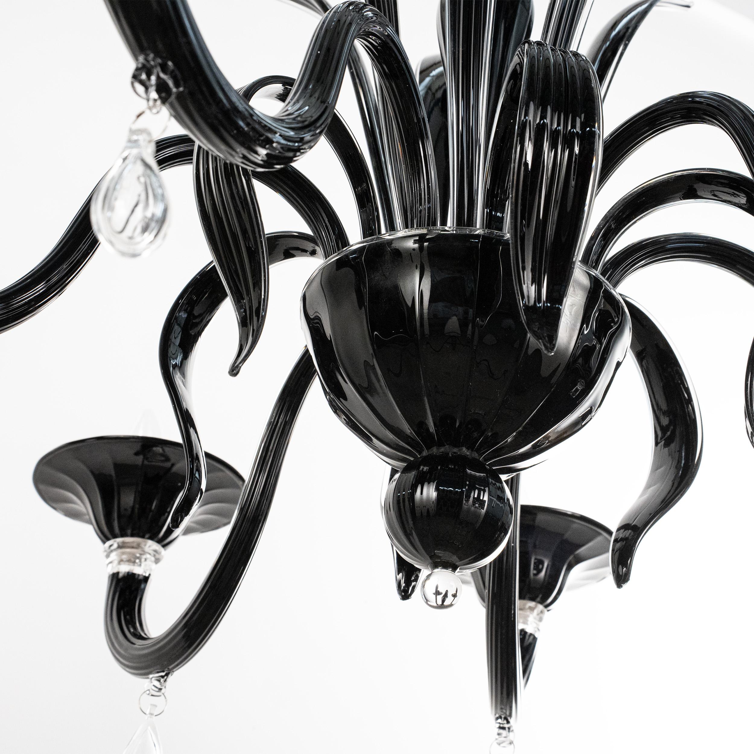 Murano Deco Schwarzes Glas Kronleuchter 6 Lichter, Vintage Made in Italy auf Lager (20. Jahrhundert) im Angebot