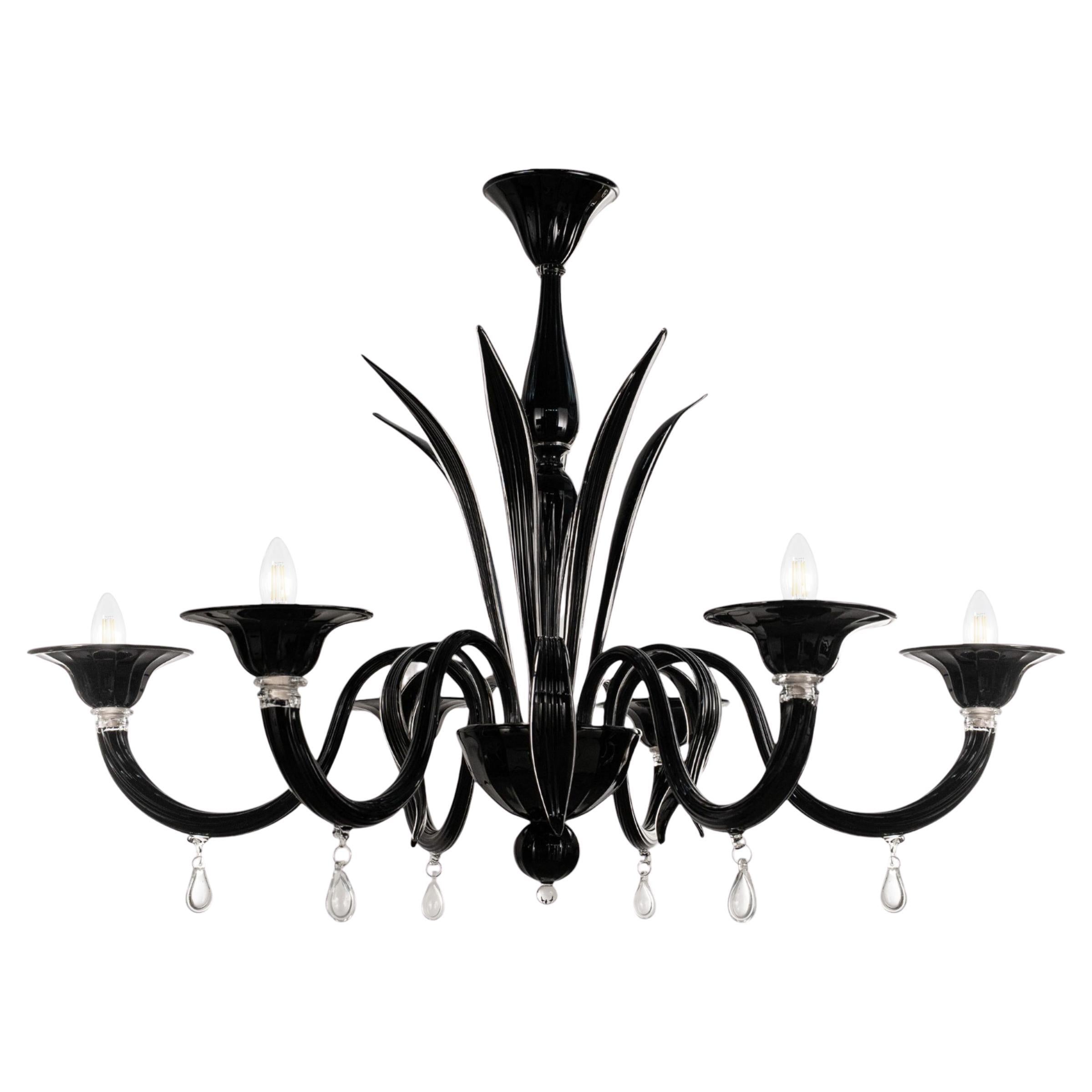Murano Deco Schwarzes Glas Kronleuchter 6 Lichter, Vintage Made in Italy auf Lager