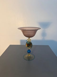 Murano Decorative Stemmed Glass Coupe with a Pink Ribbed Bowl