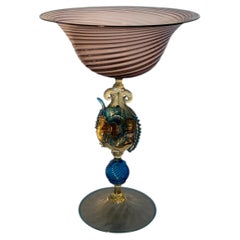 Murano Decorative Stemmed Glass Coupe with a Pink Ribbed Bowl