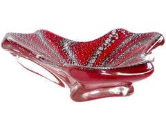 Murano Deep Red Silver Flecks Vintage Italian Art Glass Decorative Bowl