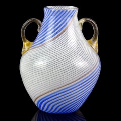 Murano Dino Martens 50s White Blue Ribbons Gold Italian Art Glass Flower Vase