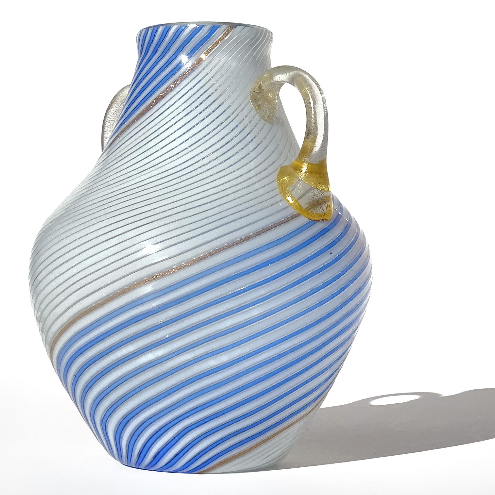 Mid-Century Modern Murano Dino Martens 50s White Blue Ribbons Gold Italian Art Glass Flower Vase For Sale