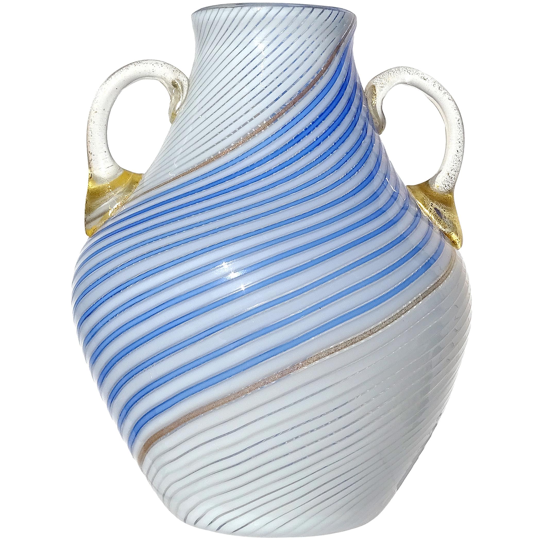 20th Century Murano Dino Martens 50s White Blue Ribbons Gold Italian Art Glass Flower Vase For Sale