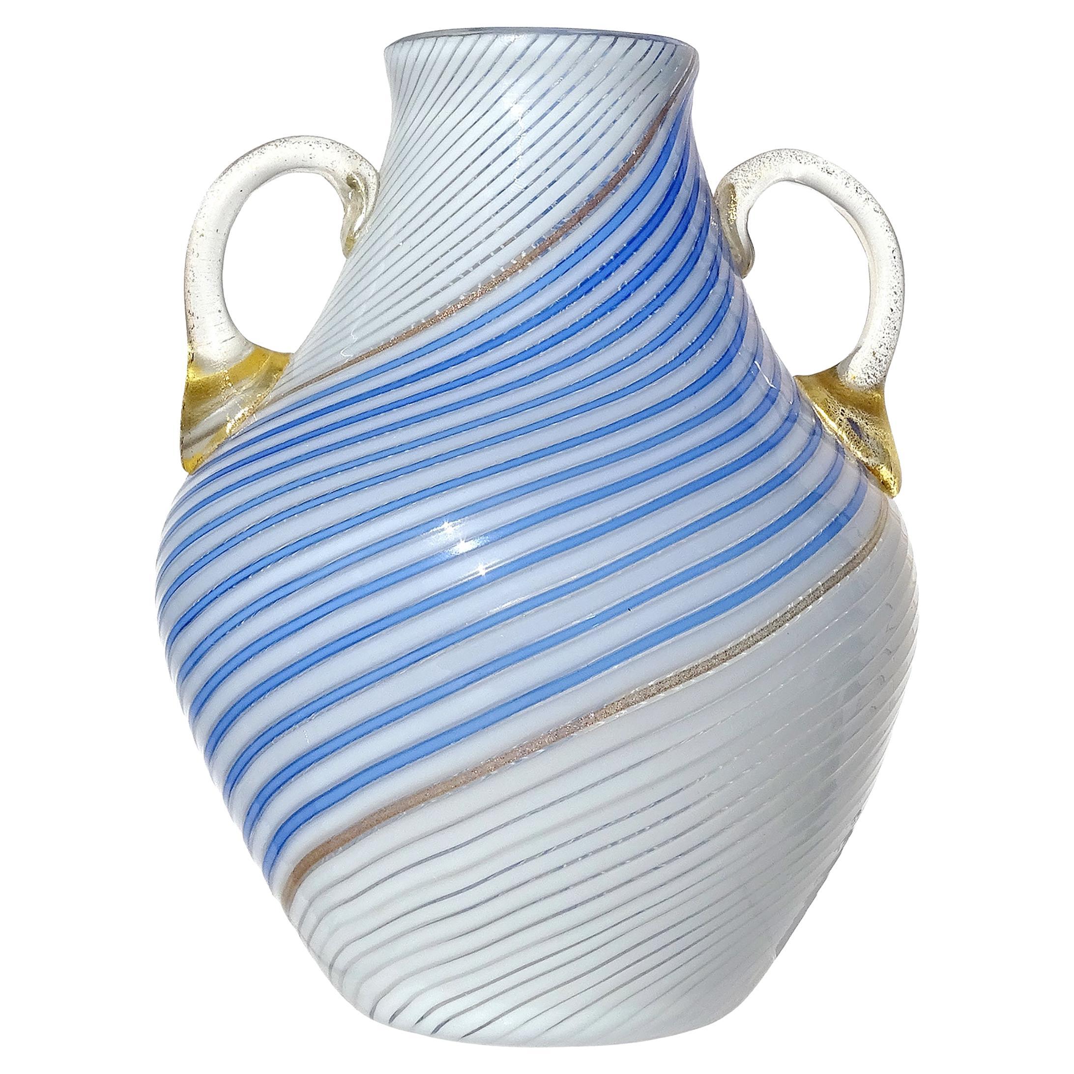 Murano Dino Martens 50s White Blue Ribbons Gold Italian Art Glass Flower Vase For Sale