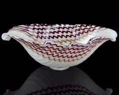 Murano Dino Martens White Red Aventurine Ribbons Italian Art Glass Center Bowl