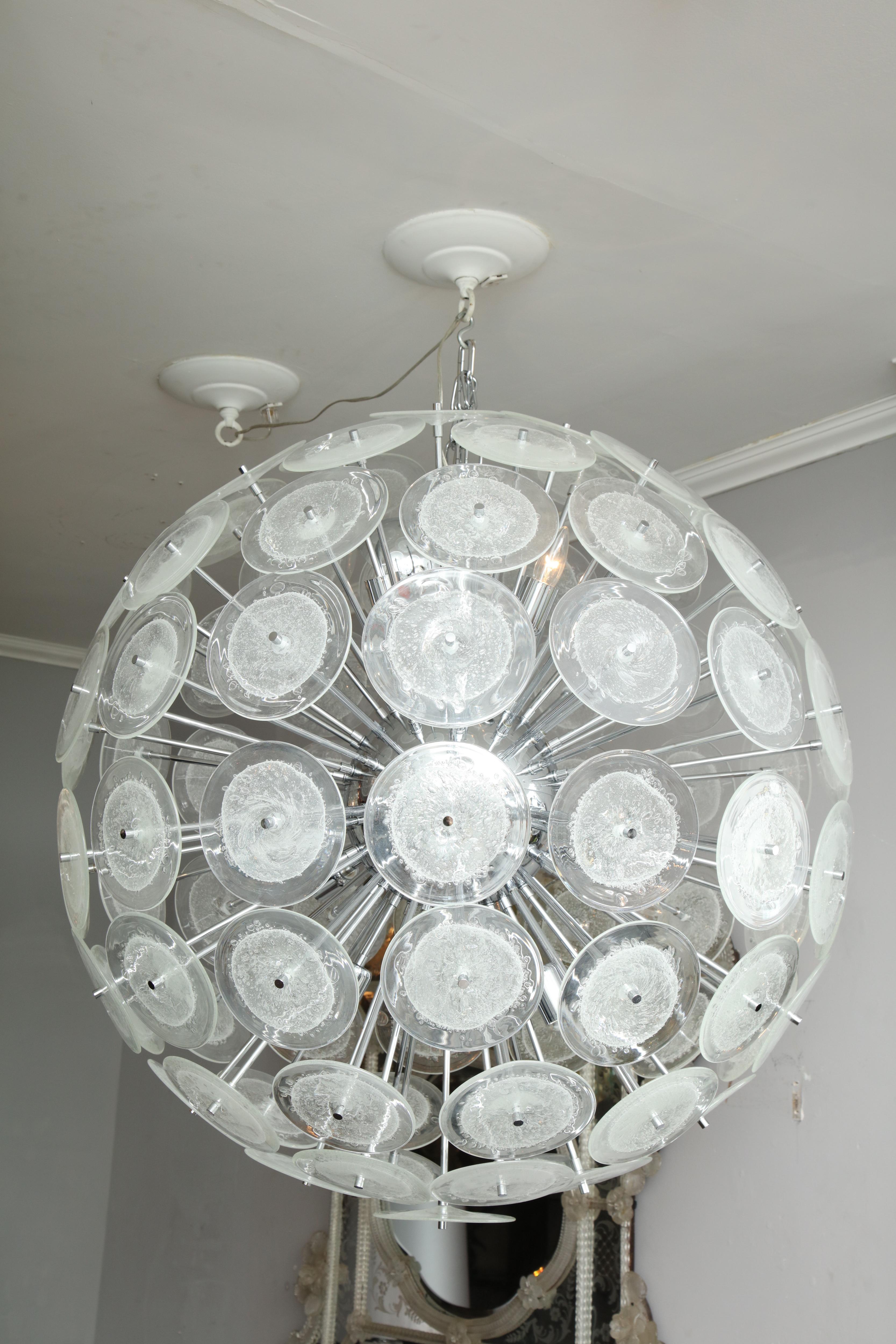 Large clear bubble Murano glass disc sputnik chandelier in polished nickel and in the diameter of 36