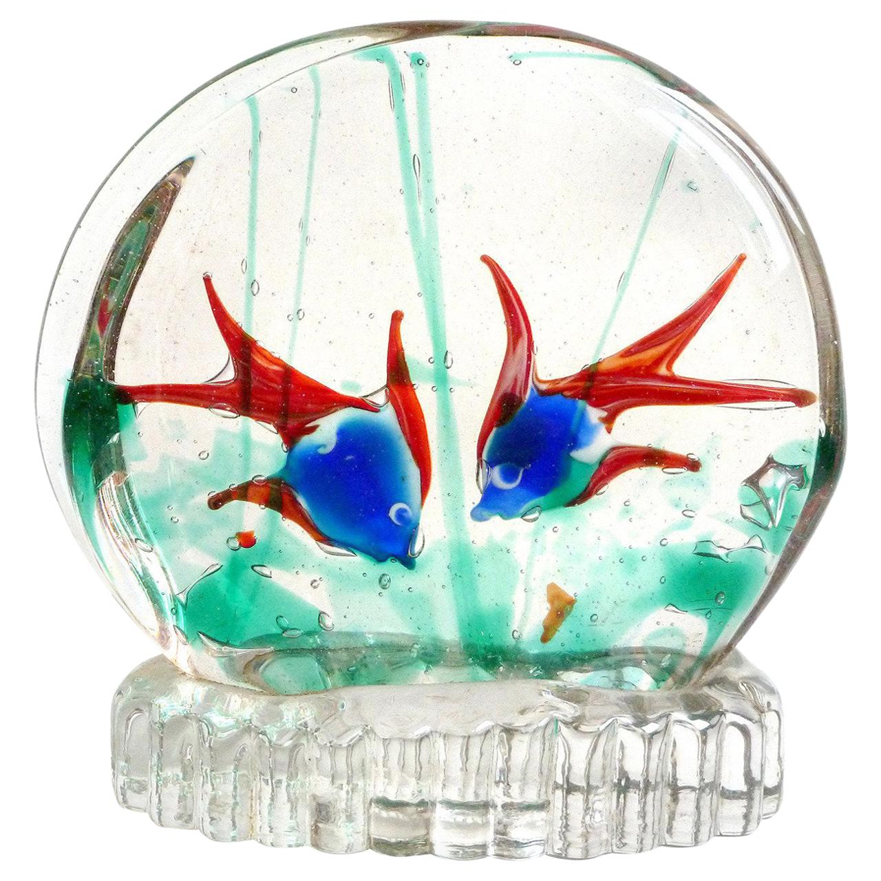 Murano Double Side Two-Color Fish Italian Aquarium Sculpture Paperweight