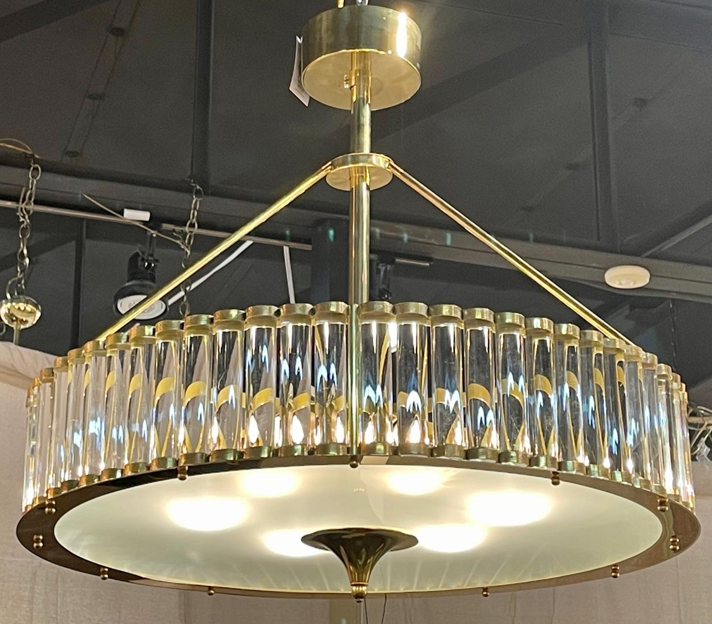 Modern Murano glass and brass drum chandelier. Circa 2000. This chandelier has great lines and style. Perfect for any setting!