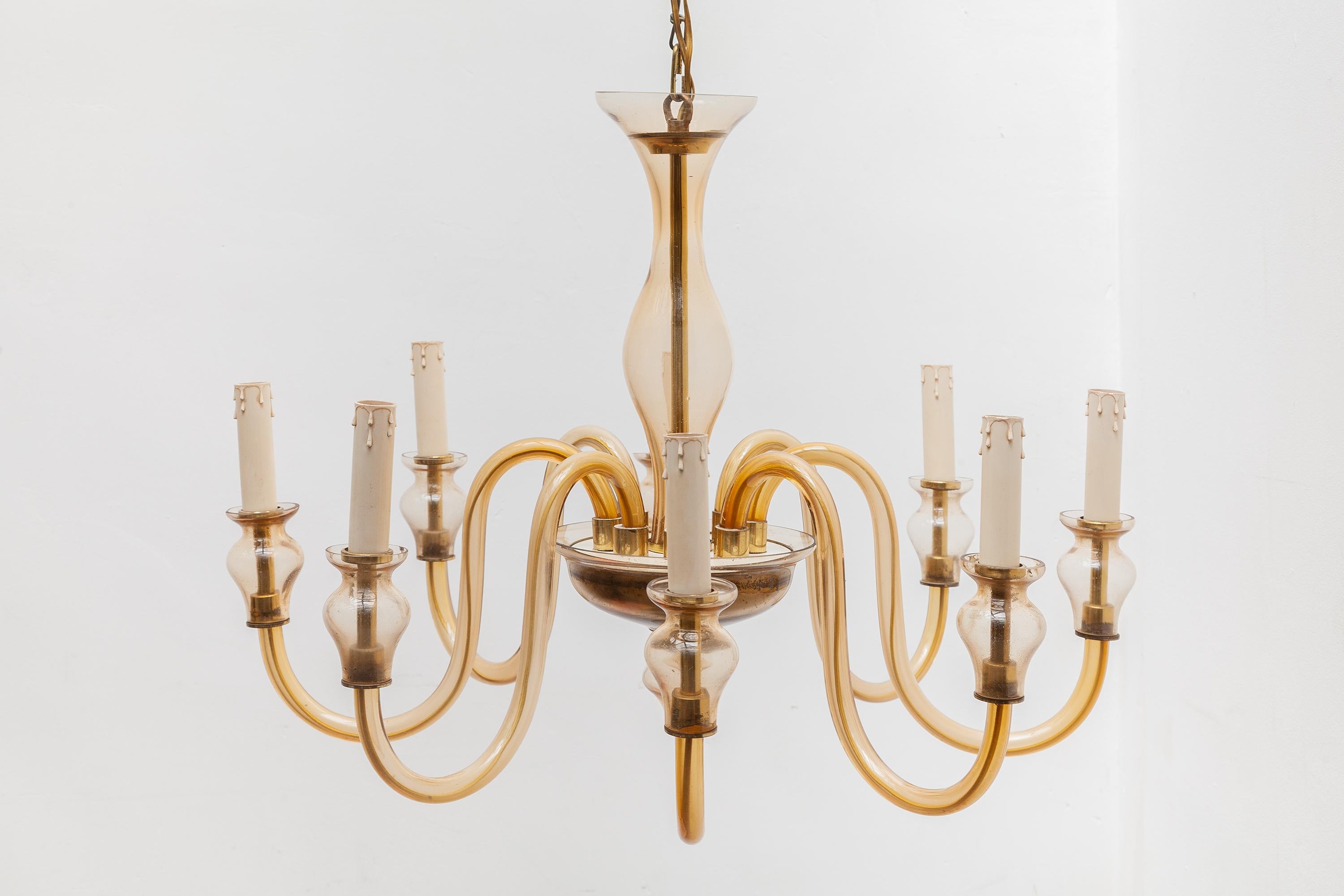 Hand-Crafted Murano Eight-Arm Hollywood Regency Glass Chandelier, Italy, 1950s