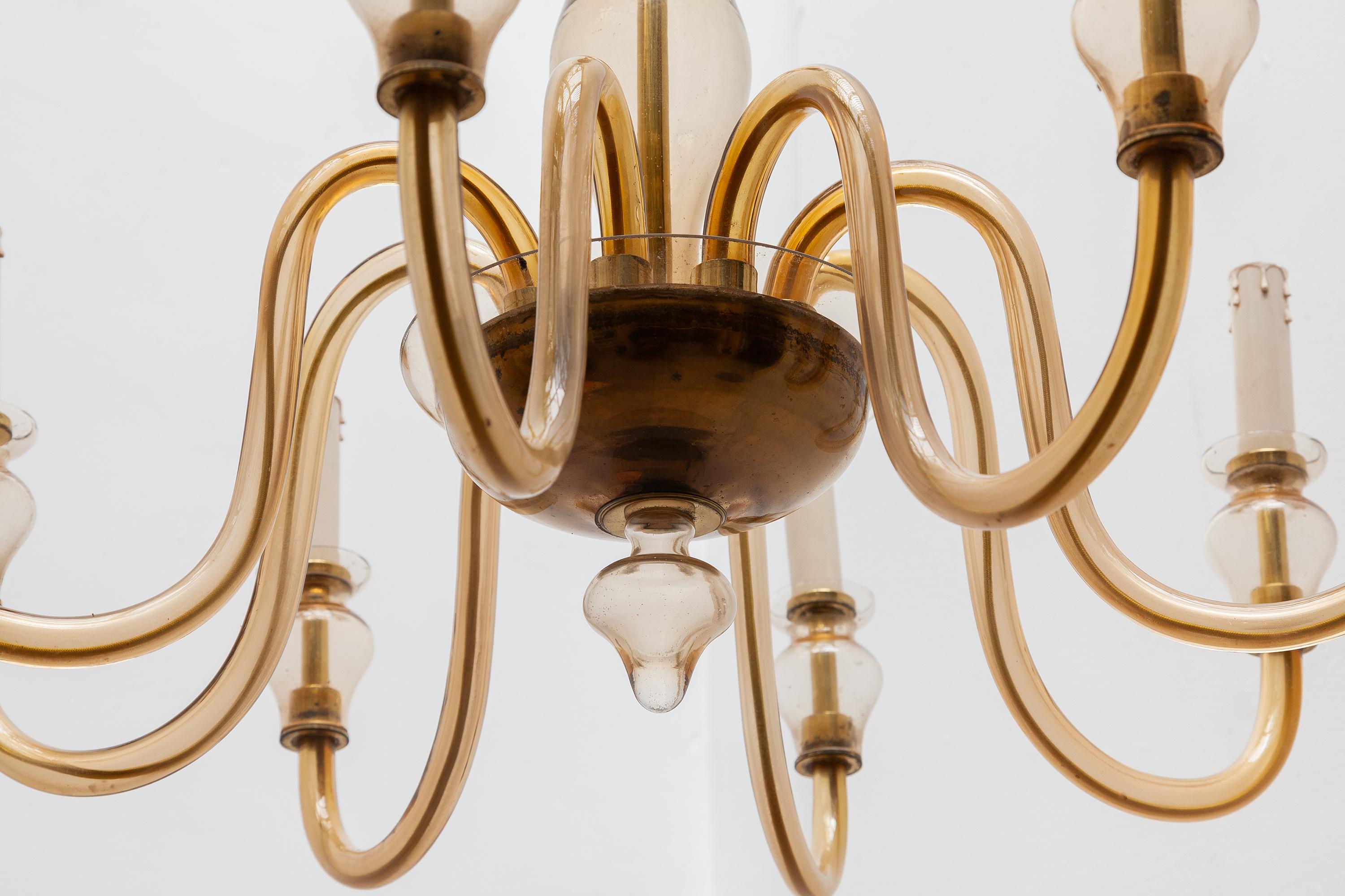 Blown Glass Murano Eight-Arm Hollywood Regency Glass Chandelier, Italy, 1950s