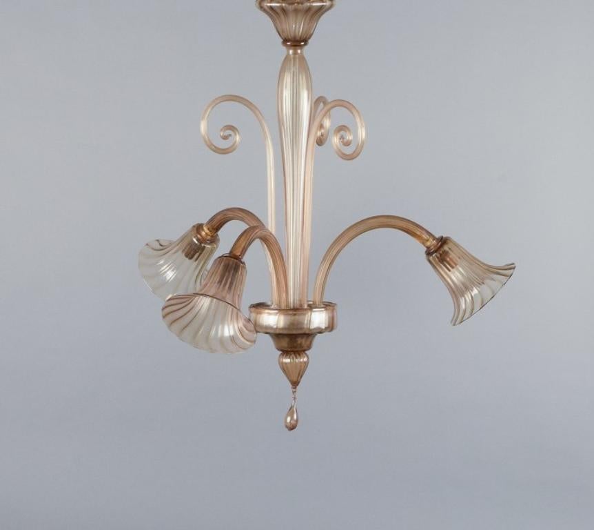 Italian Murano, elegant Art Deco ceiling lamp in mouth-blown glass, three bulbs.  For Sale