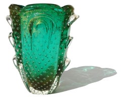 Murano Emerald Green Gold Flecks Bubble Italian Art Glass Sculptural Flower Vase