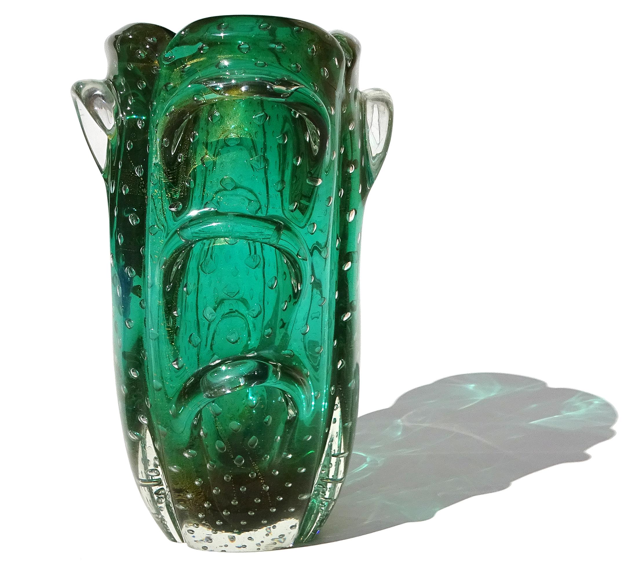 The Artful Green di Murano con bolle d'oro e fiori scultorei in vetro artistico italiano In condizioni buone in vendita a Kissimmee, FL