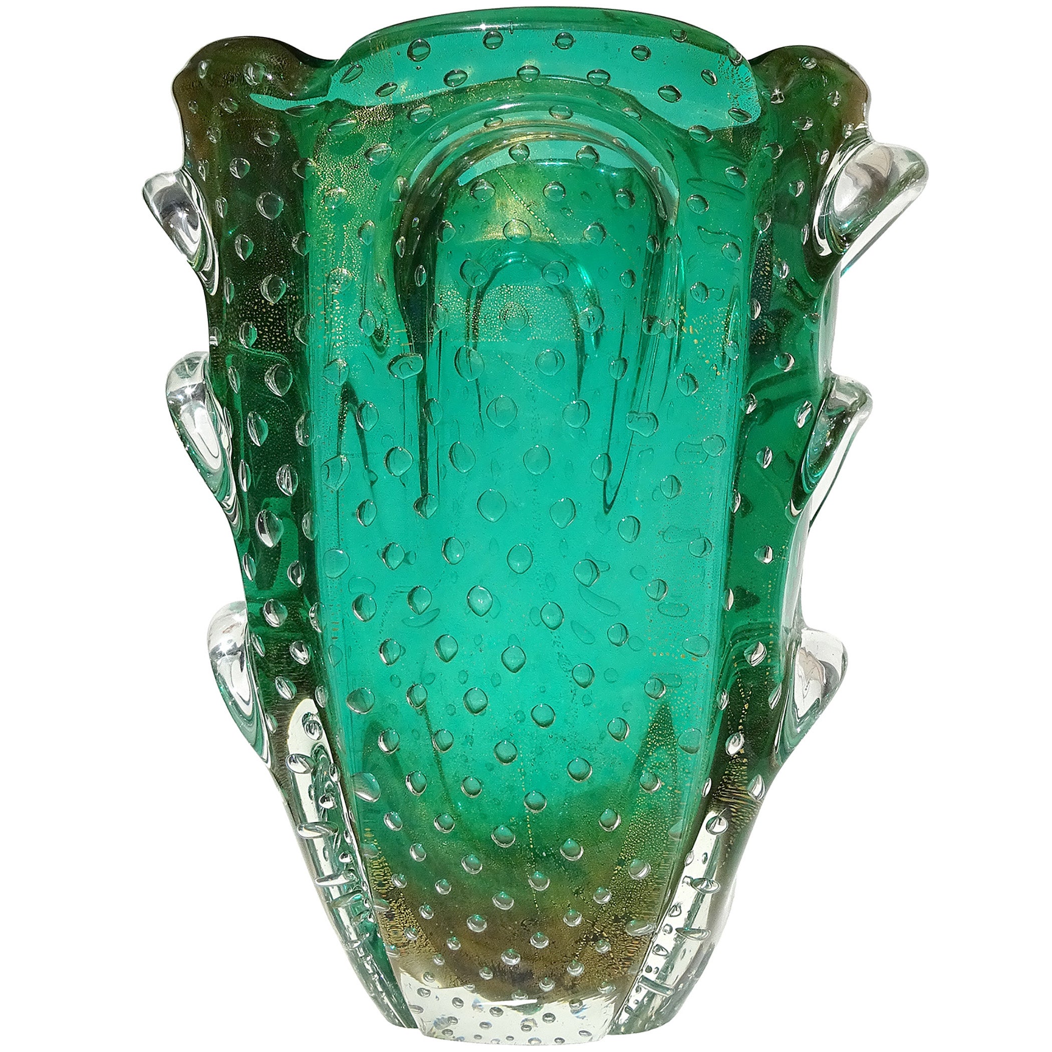 The Artful Green di Murano con bolle d'oro e fiori scultorei in vetro artistico italiano