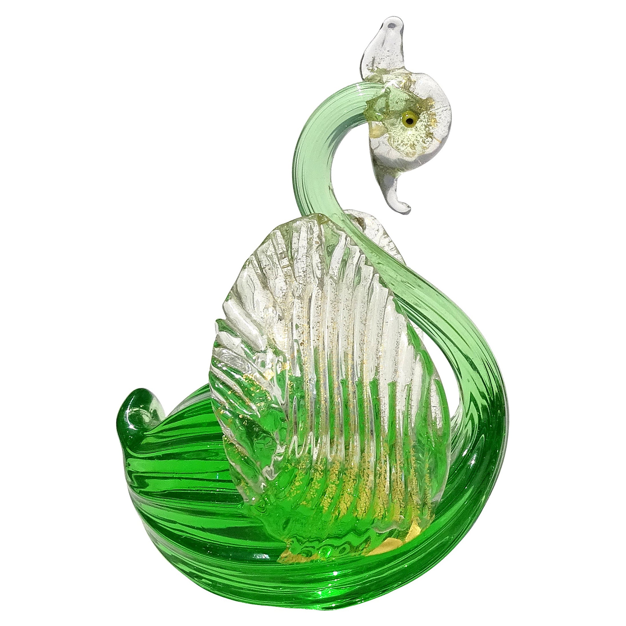 Scultura di uccello cigno in vetro artistico italiano di Murano, verde smeraldo e con macchie d
oro