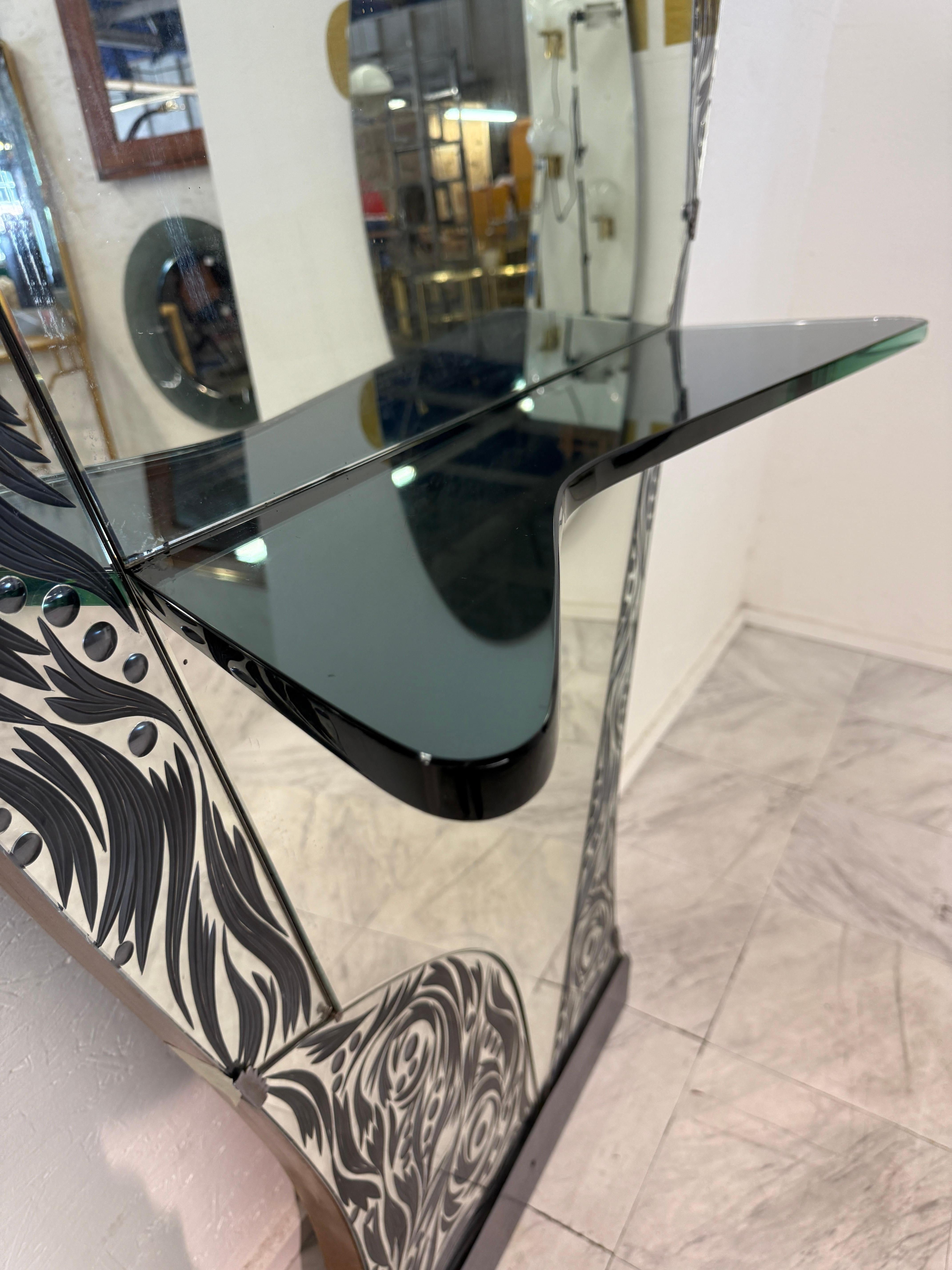 Modern Murano Etched Glass Floor Mirror with Integrated Console Shelf 1950s For Sale