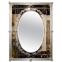 Murano Etched Glass Mirror Signed Barbini