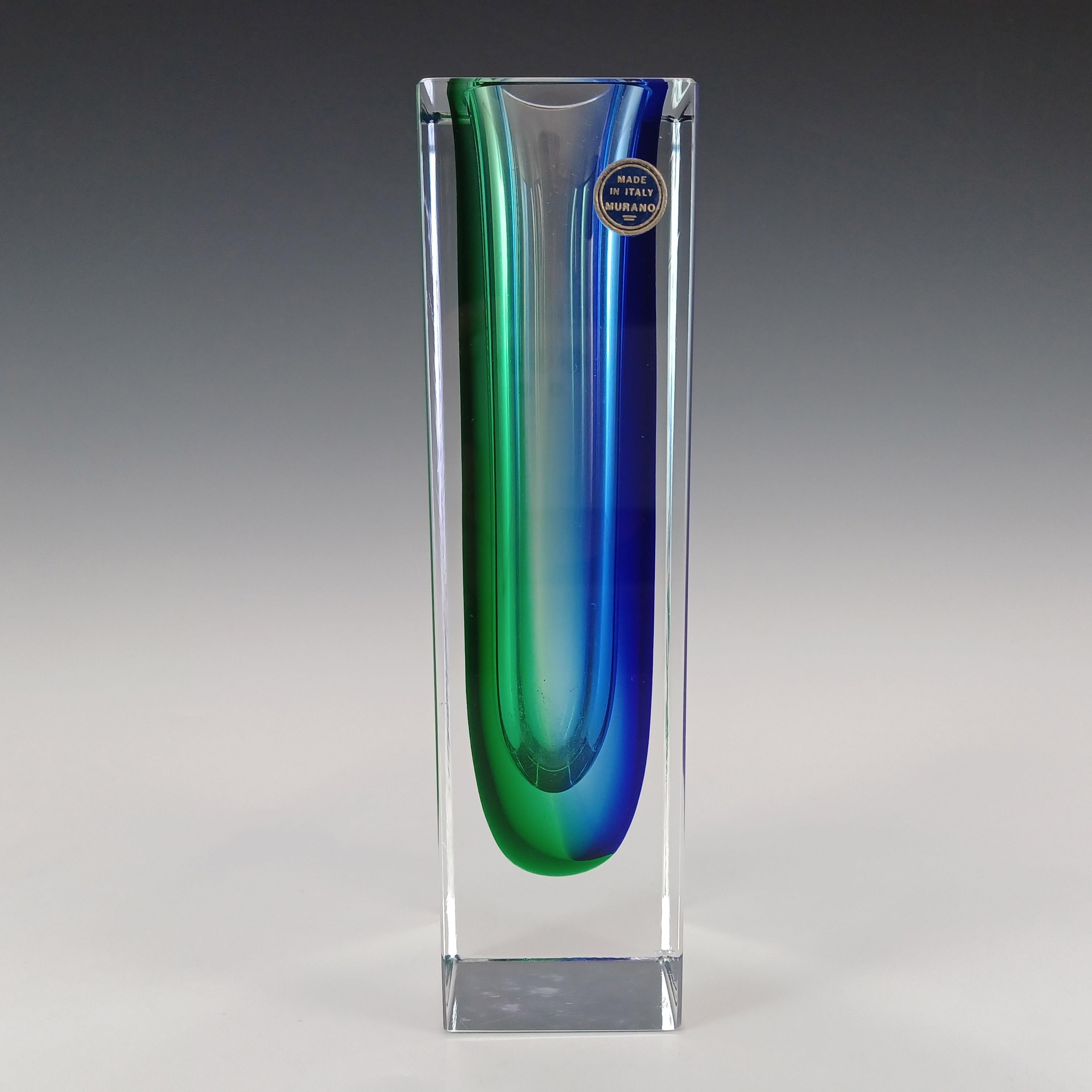 Mid-Century Modern Murano Faceted Green & Blue Sommerso Glass Block Vase For Sale