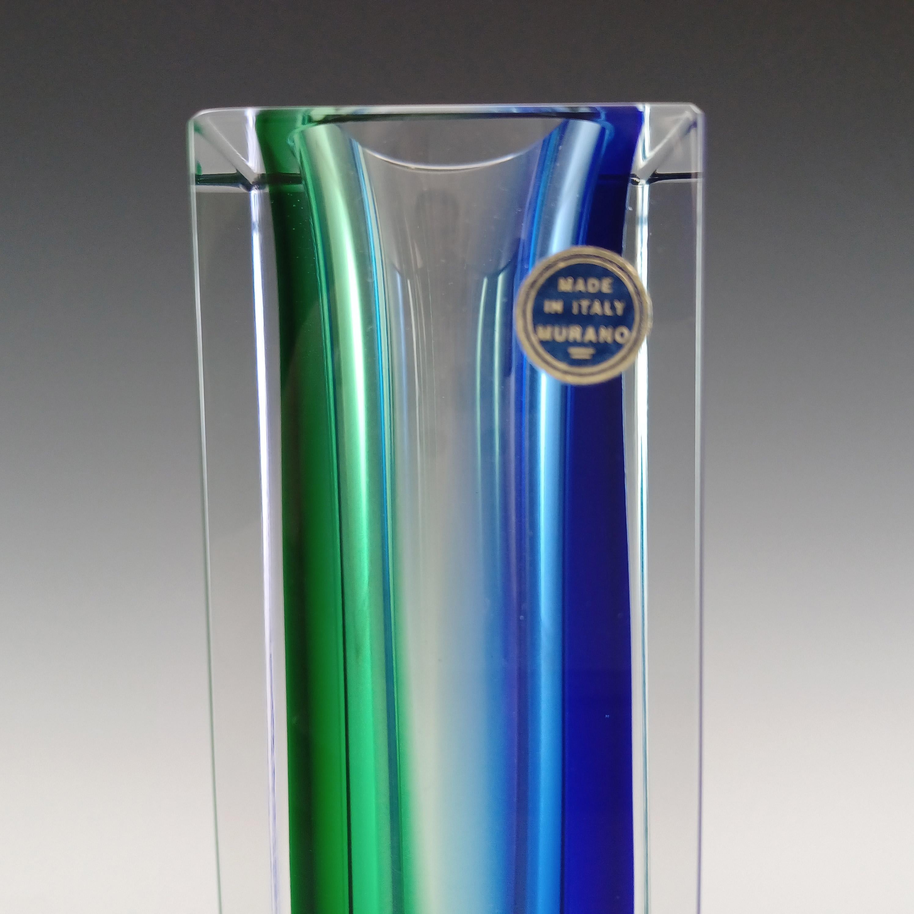 Murano Faceted Green & Blue Sommerso Glass Block Vase In Good Condition For Sale In Bolton, GB