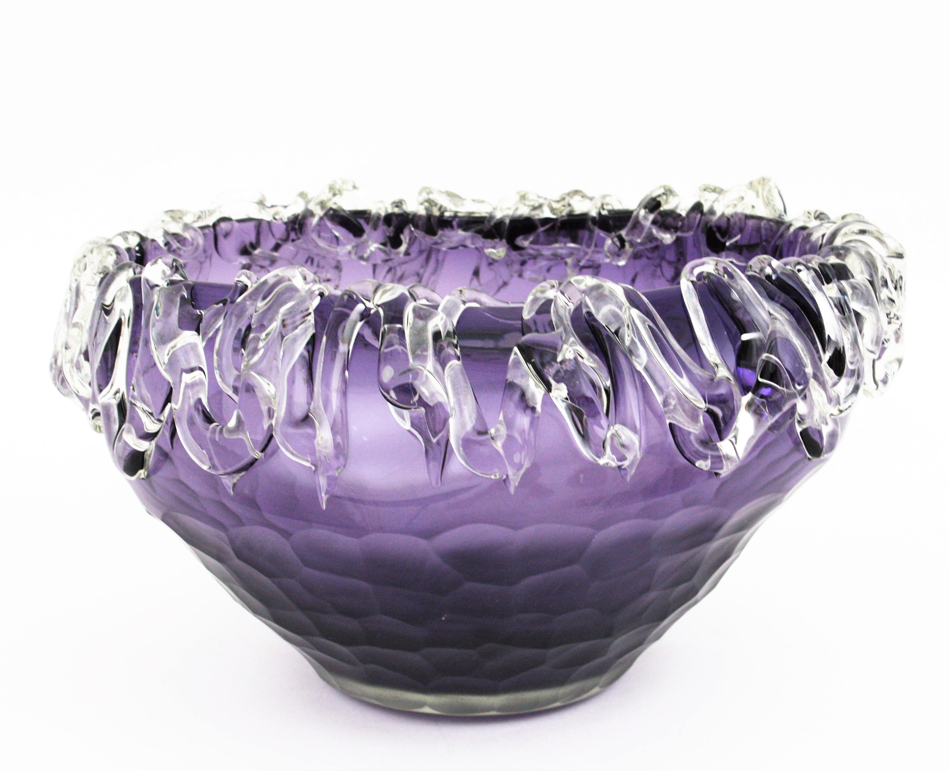 Murano Purple Art Glass Centerpiece Bowl with Applied Clear Glass  For Sale 4