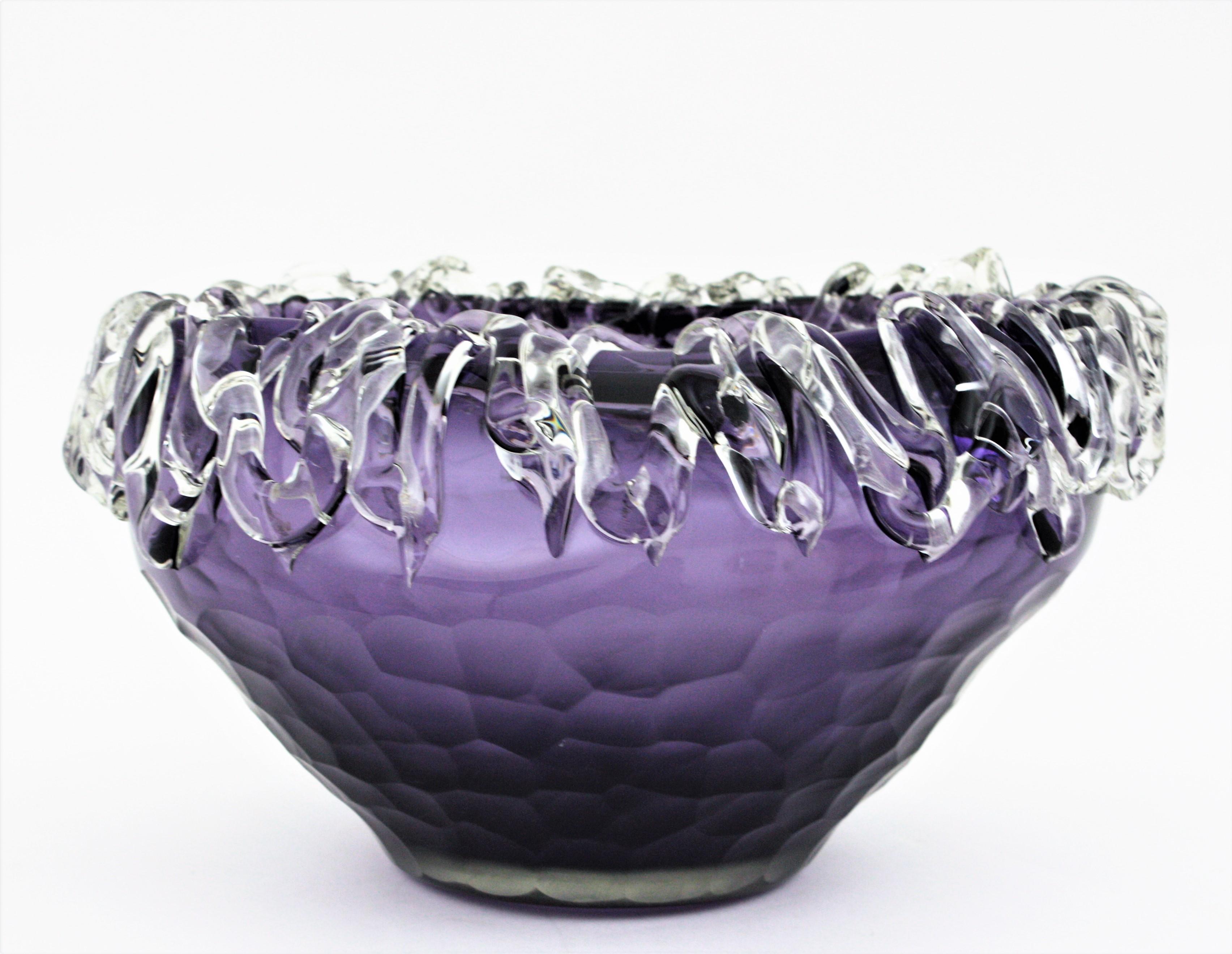 Murano Purple Art Glass Centerpiece Bowl with Applied Clear Glass  For Sale 5
