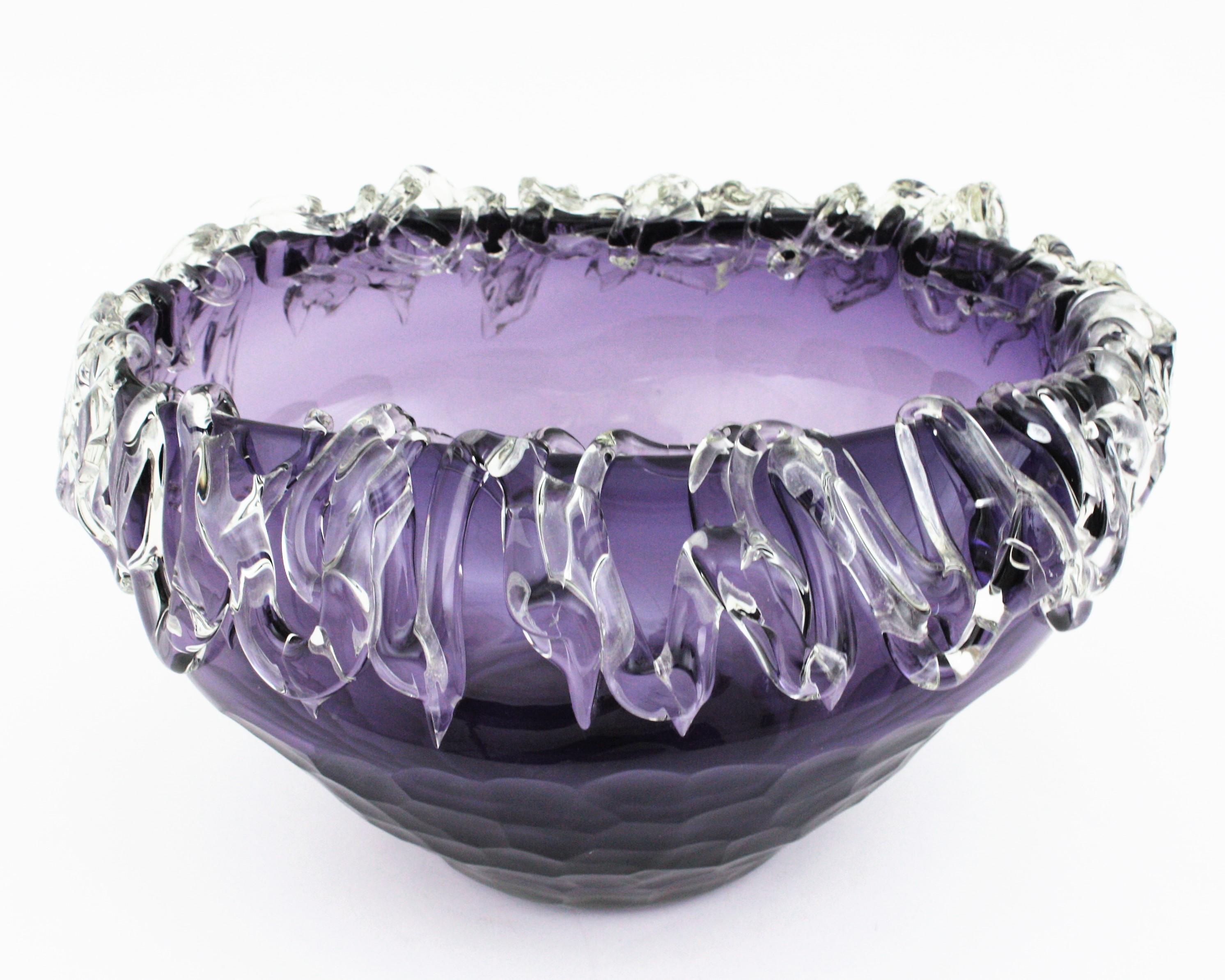 Murano Purple Art Glass Centerpiece Bowl with Applied Clear Glass  For Sale 6
