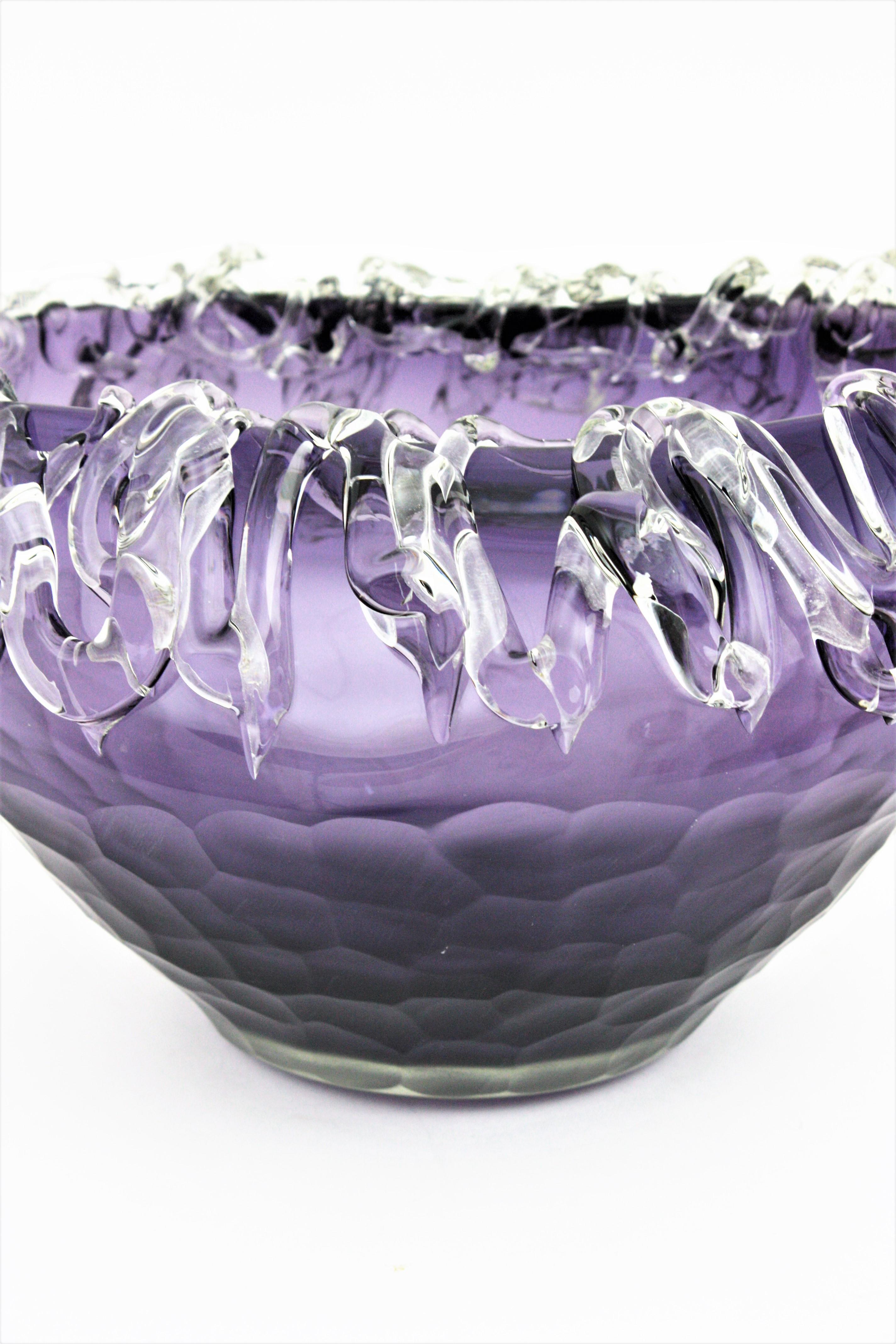 Murano Purple Art Glass Centerpiece Bowl with Applied Clear Glass  For Sale 7