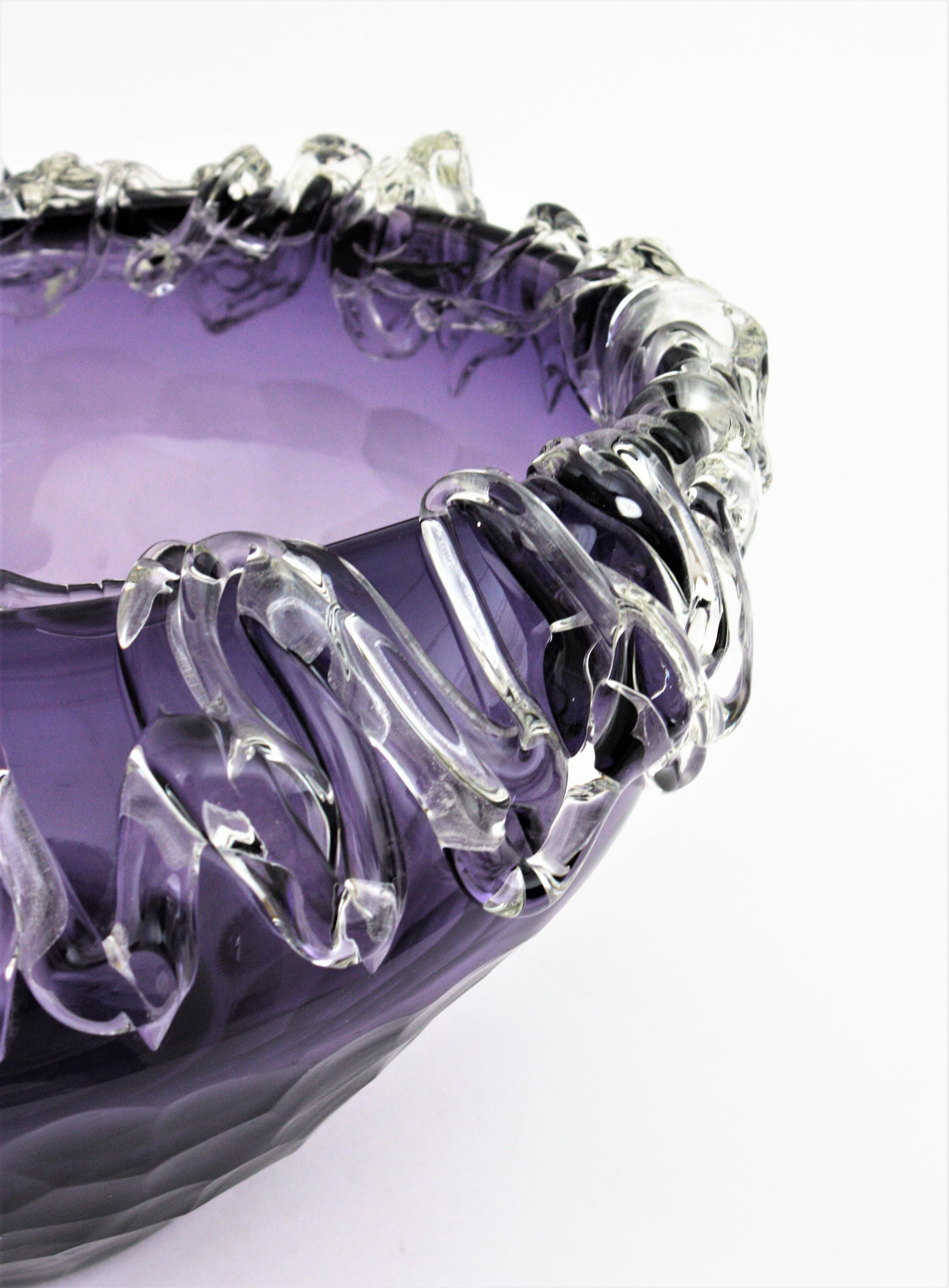 Murano Purple Art Glass Centerpiece Bowl with Applied Clear Glass  For Sale 8
