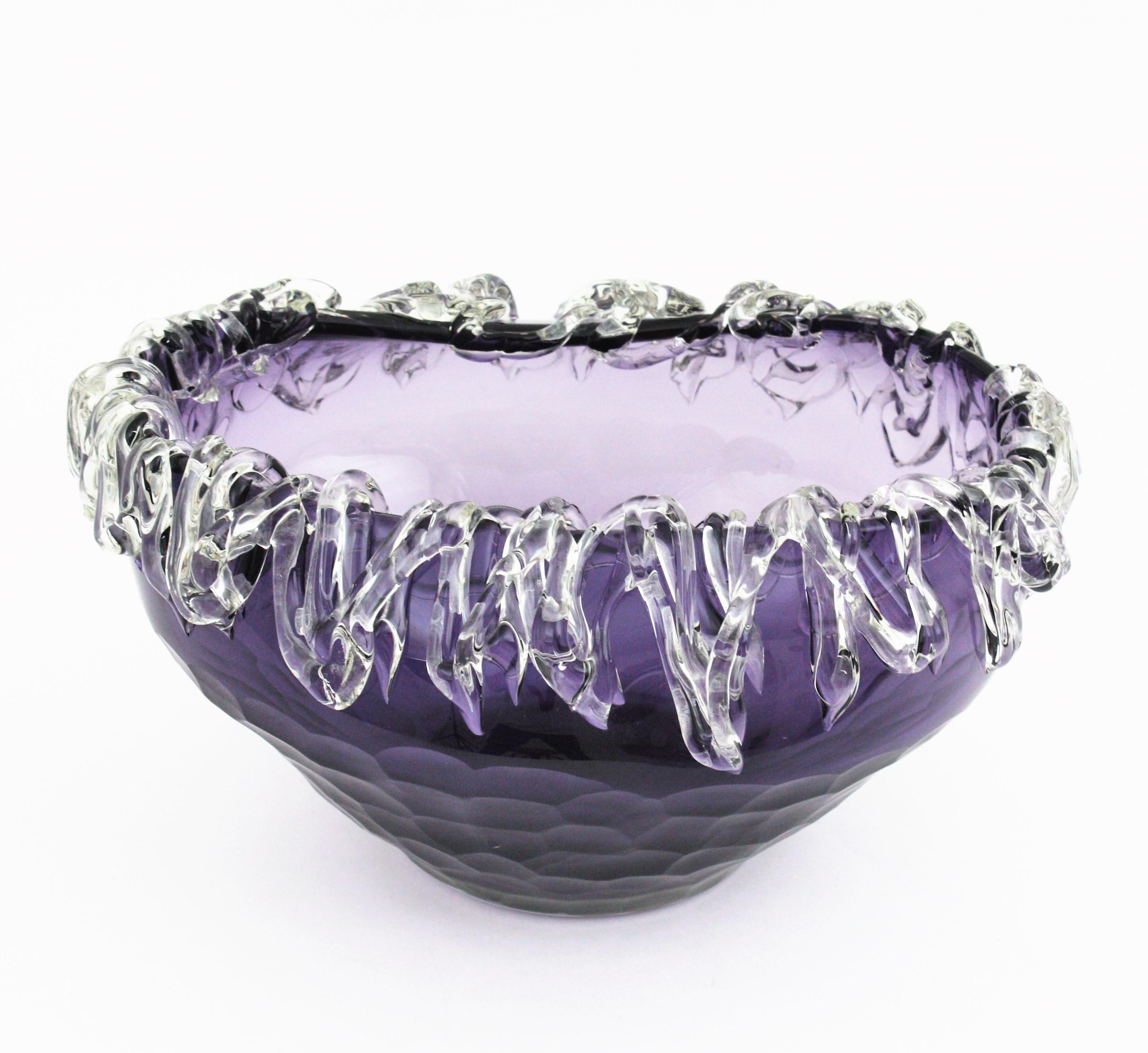 Mid-Century Modern Murano Purple Art Glass Centerpiece Bowl with Applied Clear Glass  For Sale