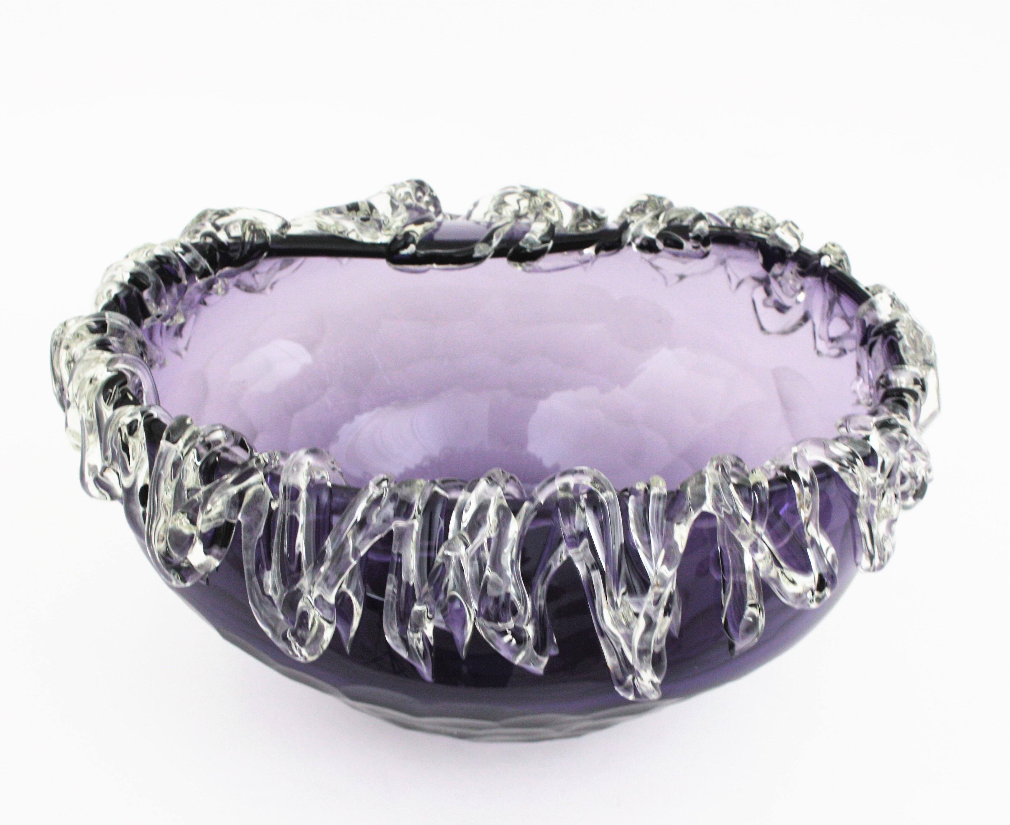 Italian Murano Purple Art Glass Centerpiece Bowl with Applied Clear Glass  For Sale