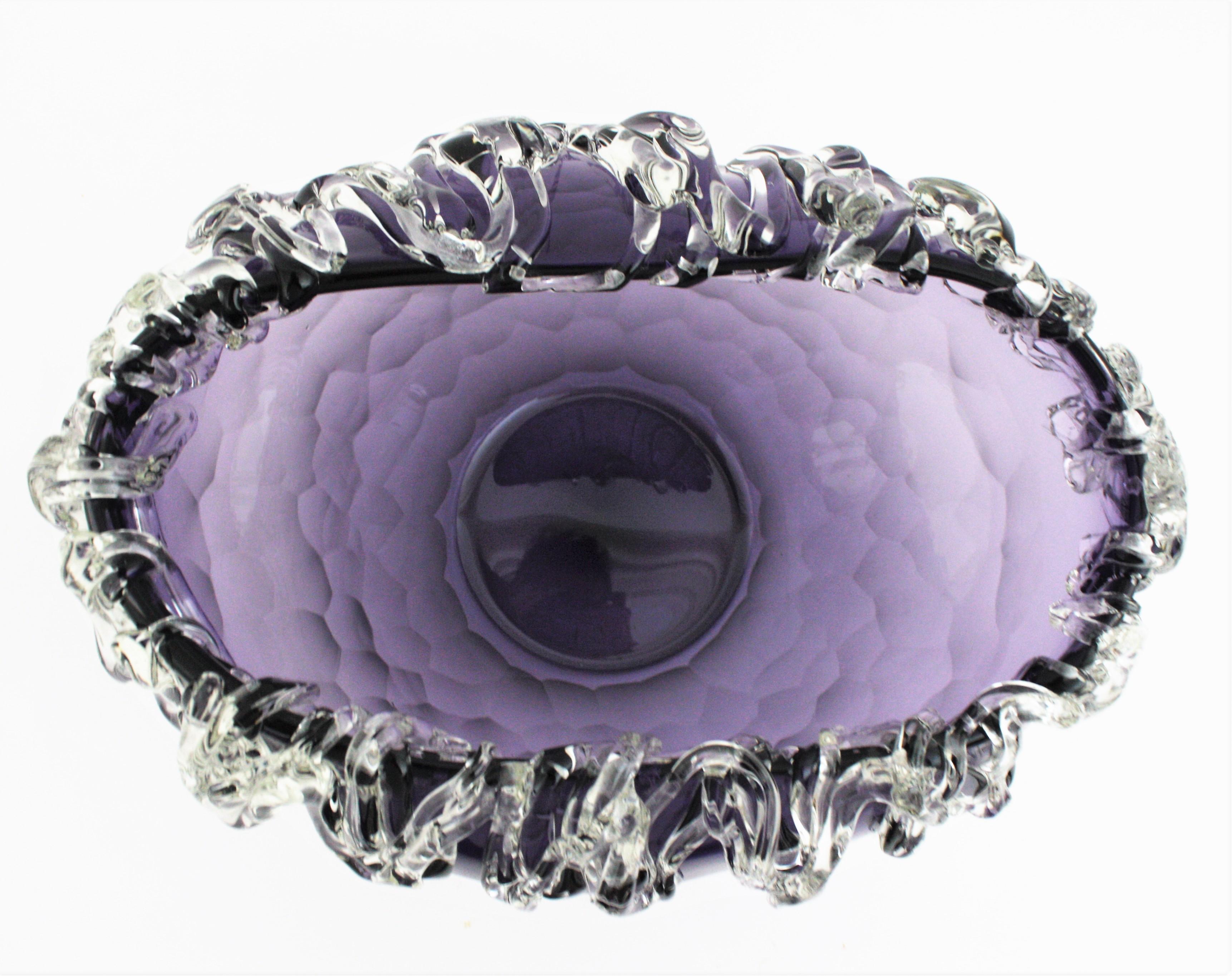 Hand-Crafted Murano Purple Art Glass Centerpiece Bowl with Applied Clear Glass  For Sale