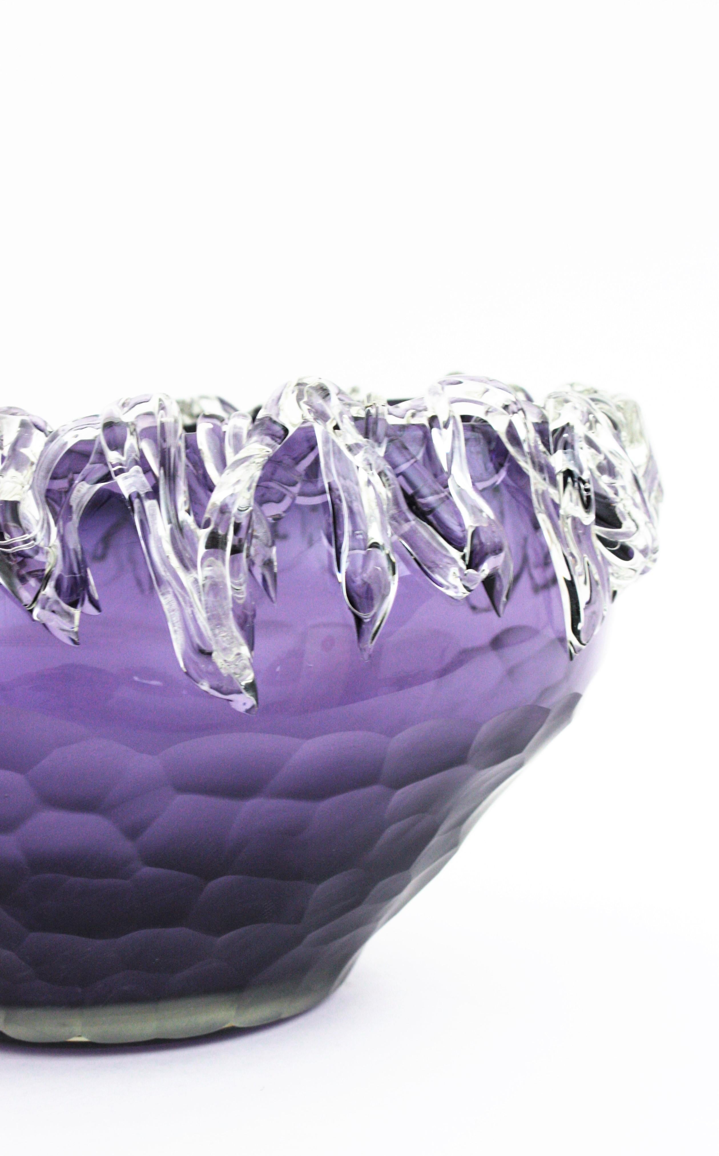 20th Century Murano Purple Art Glass Centerpiece Bowl with Applied Clear Glass  For Sale