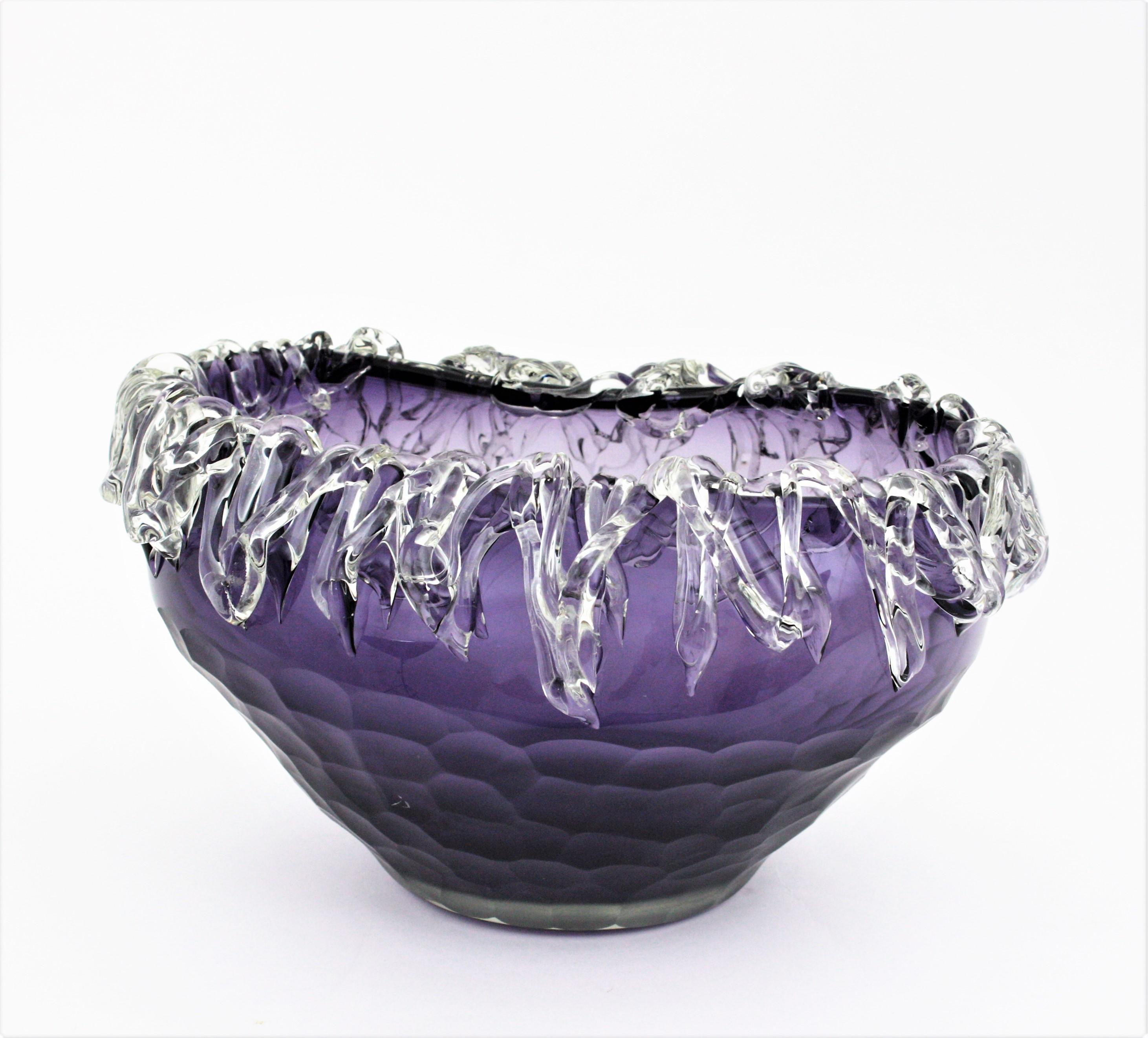 Murano Purple Art Glass Centerpiece Bowl with Applied Clear Glass  For Sale 1