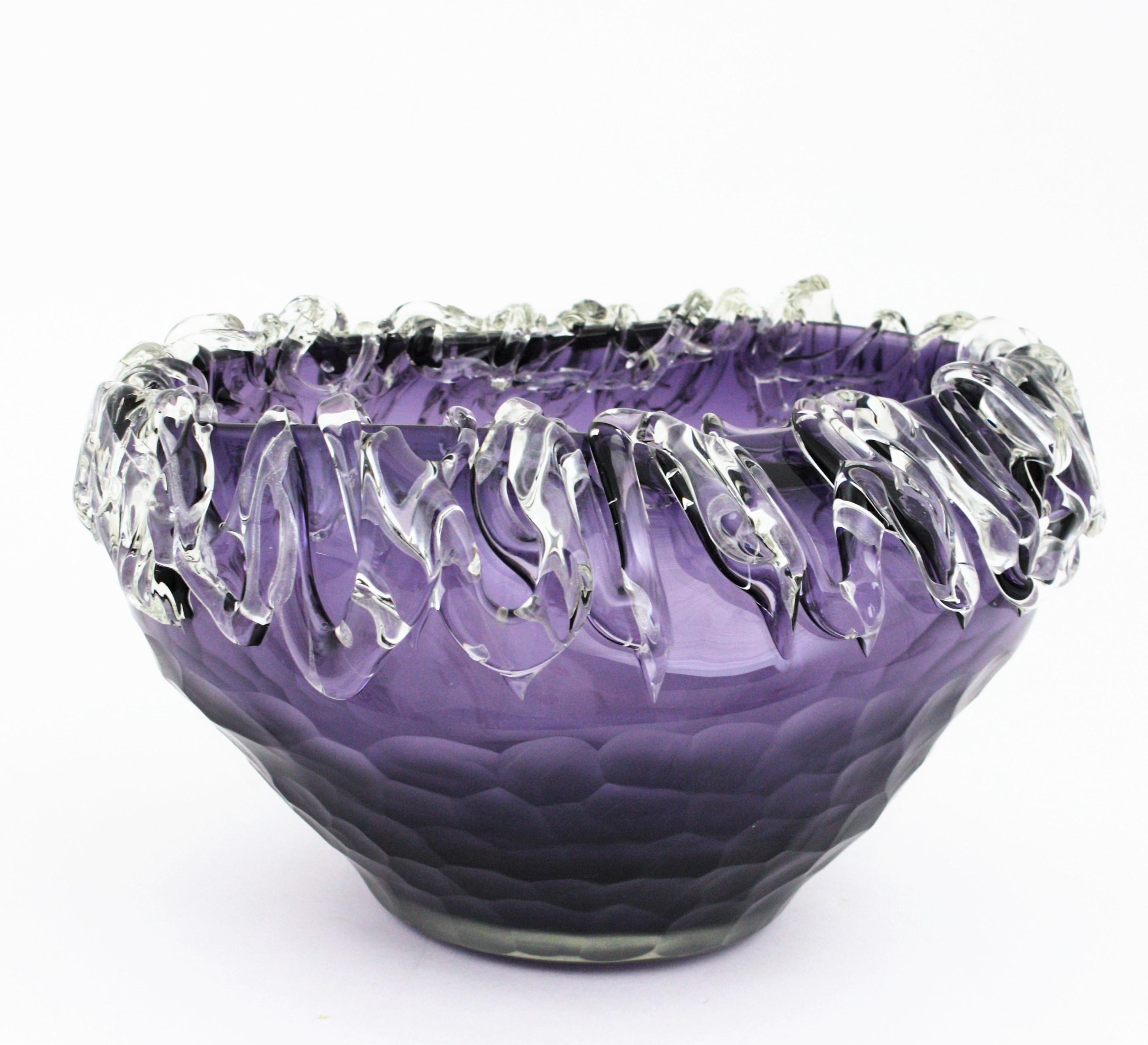 Murano Purple Art Glass Centerpiece Bowl with Applied Clear Glass  For Sale 2