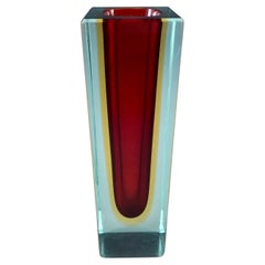 Murano Faceted Red, Amber & Blue Sommerso Glass Block Vase