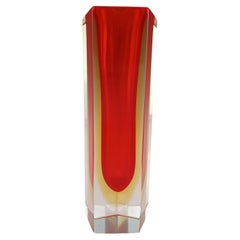 Murano Faceted Red & Amber Sommerso Glass Block Vase