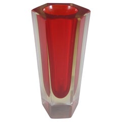 Murano Faceted Red & Amber Sommerso Glass Hexagonal Block Vase